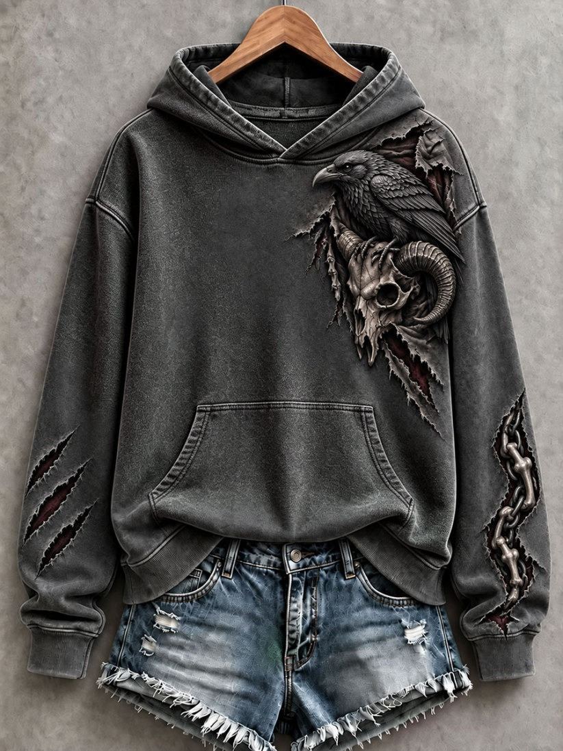 Vintage Gothic Raven & Ram Skull Hoodie Halloween Horror Nights Apparel Gift 1 - Unicasport Vintage Gothic Raven & Ram Skull Hoodie Halloween Horror Nights Apparel Gift