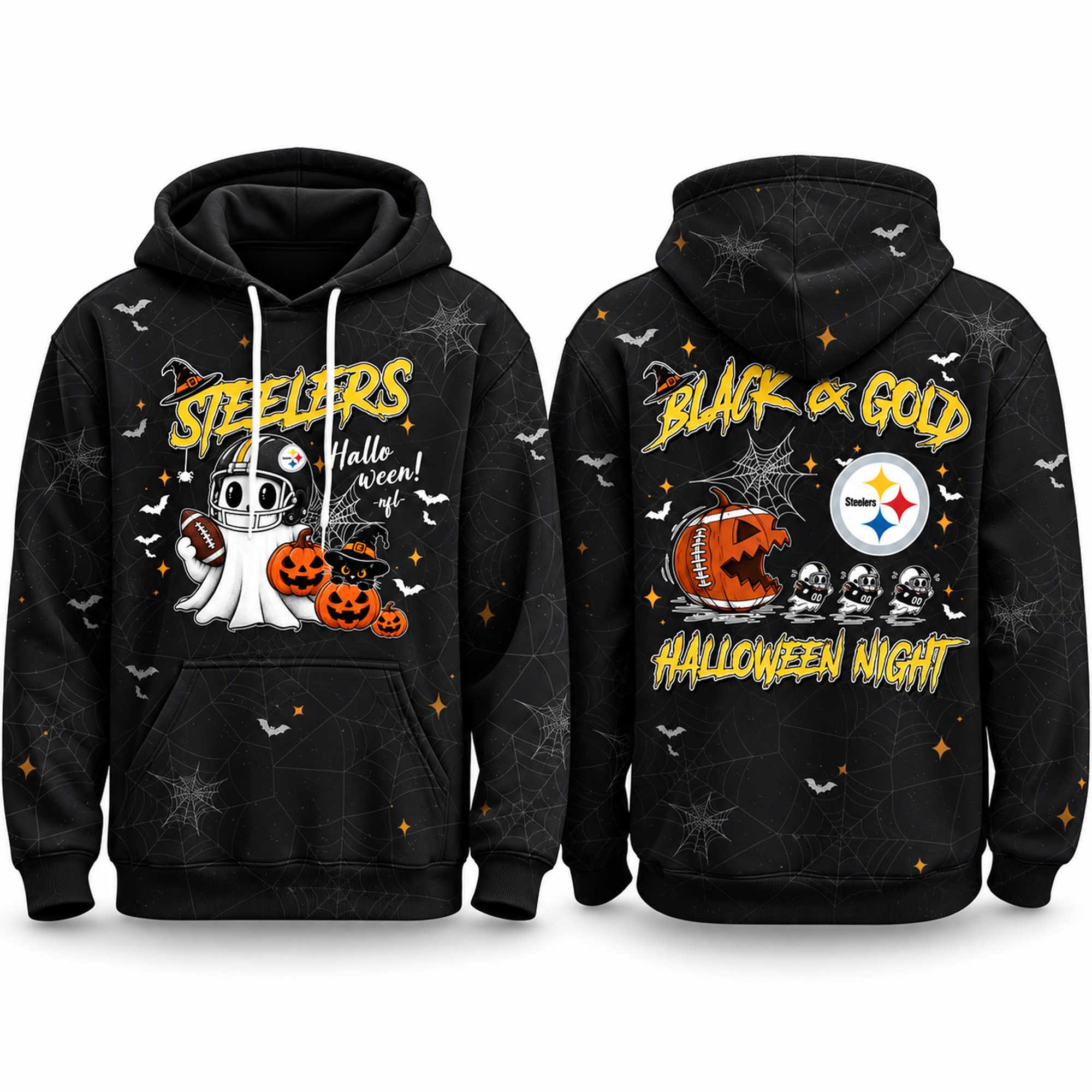 Pittsburgh Steelers Black And Gold Halloween Night Hoodie Pittsburgh Steelers Apparel Fan Gear 1 - Unicasport Pittsburgh Steelers Black And Gold Halloween Night Hoodie Pittsburgh Steelers Apparel Fan Gear