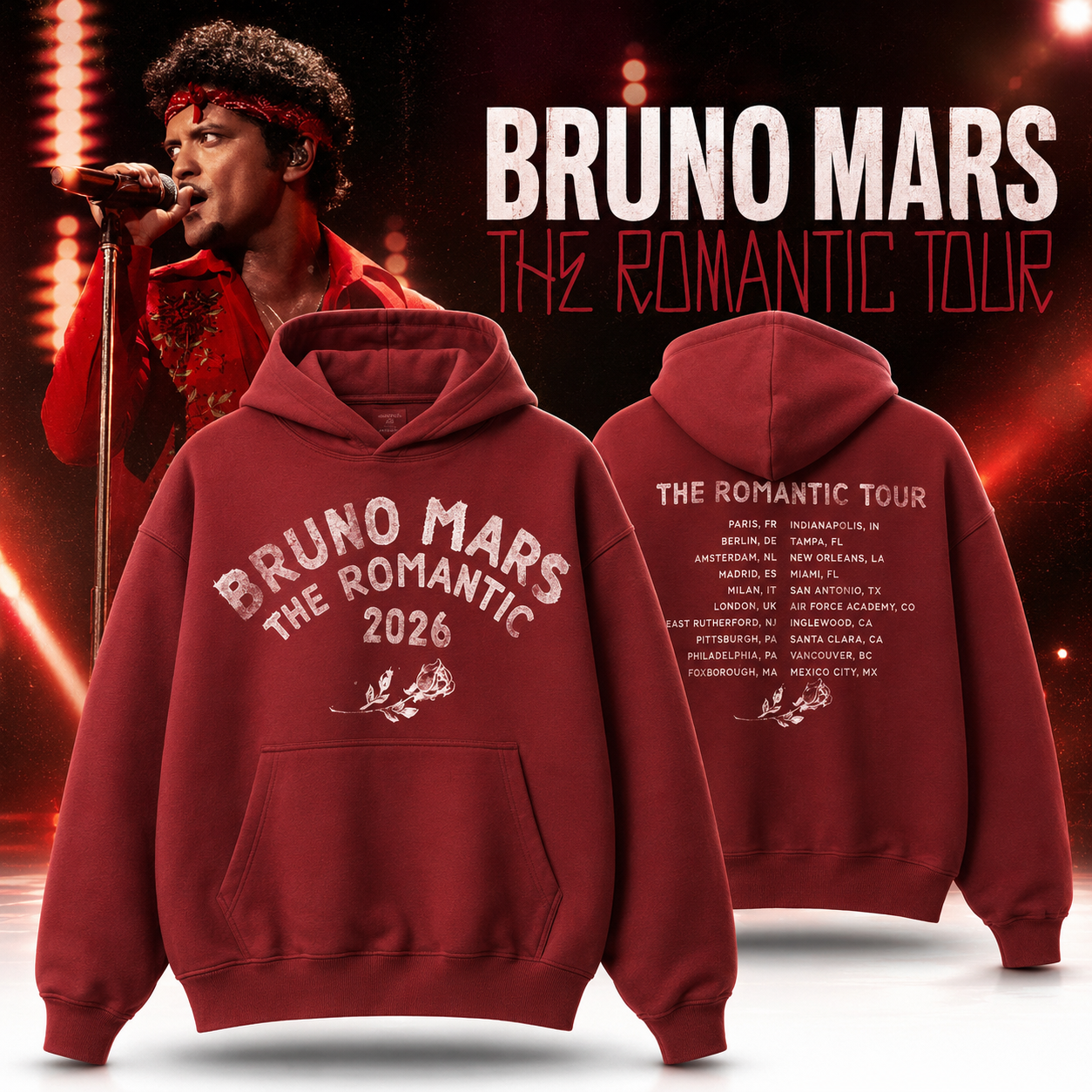 2026 Bruno Mars The Romantic Tour Merch Hoodie