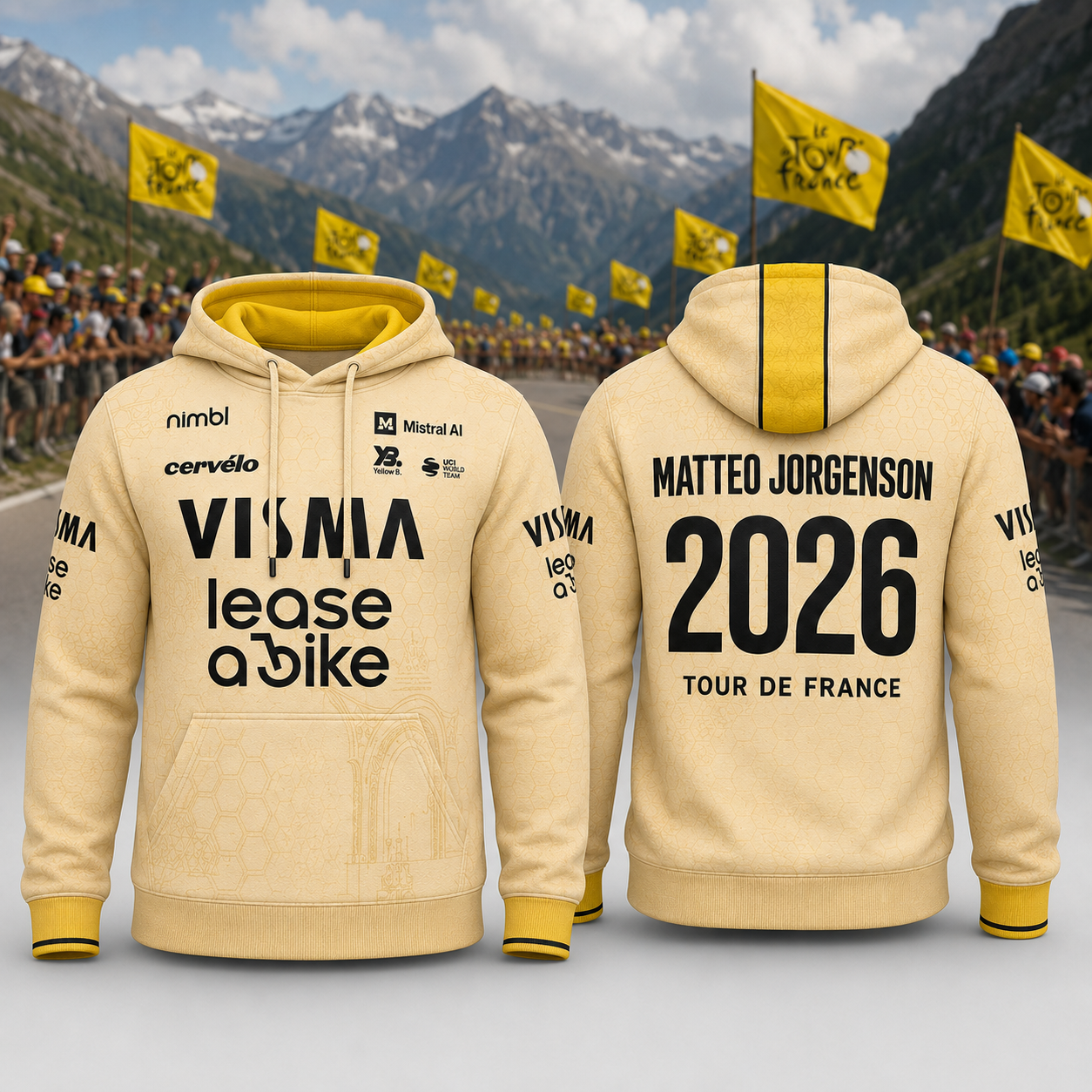 Matteo Jorgenson Tour de France Cream Gold & Visma Yellow Cycling Hoodie - Best Gift for Fans