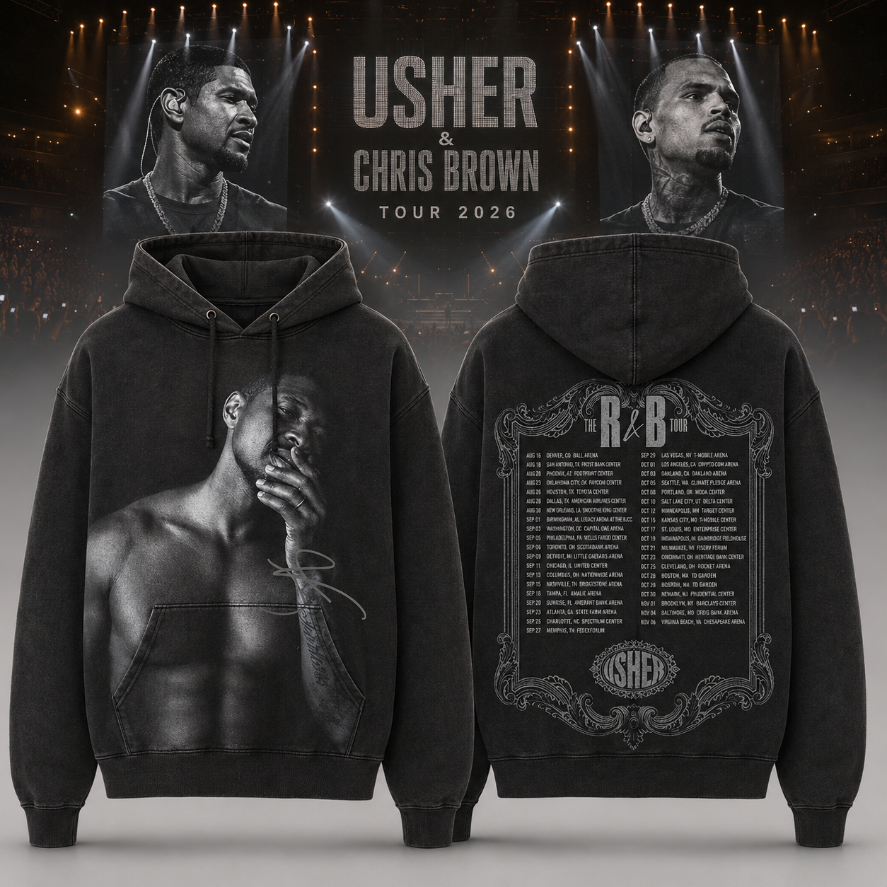 2026 Usher Raymond Portrait R&B Tour Vintage Black Graphic Hoodie for Music Fans
