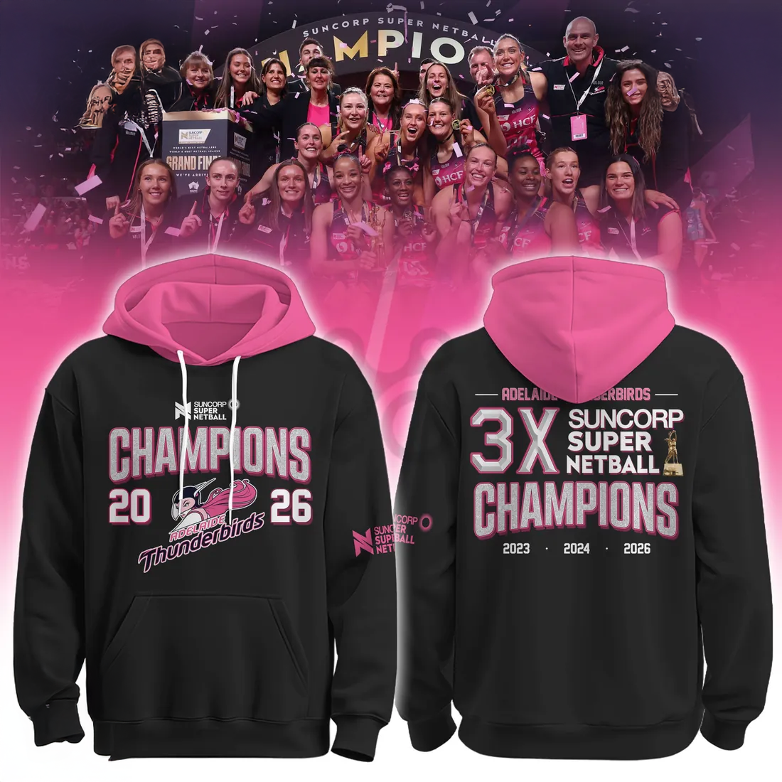 Adelaide Thunderbirds Three Time Champions 2026 Premium Fan Hoodie
