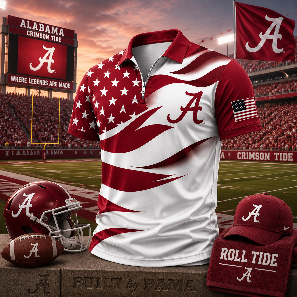 Alabama Crimson Tide American Flag Style Football Polo Shirt College Fan Apparel