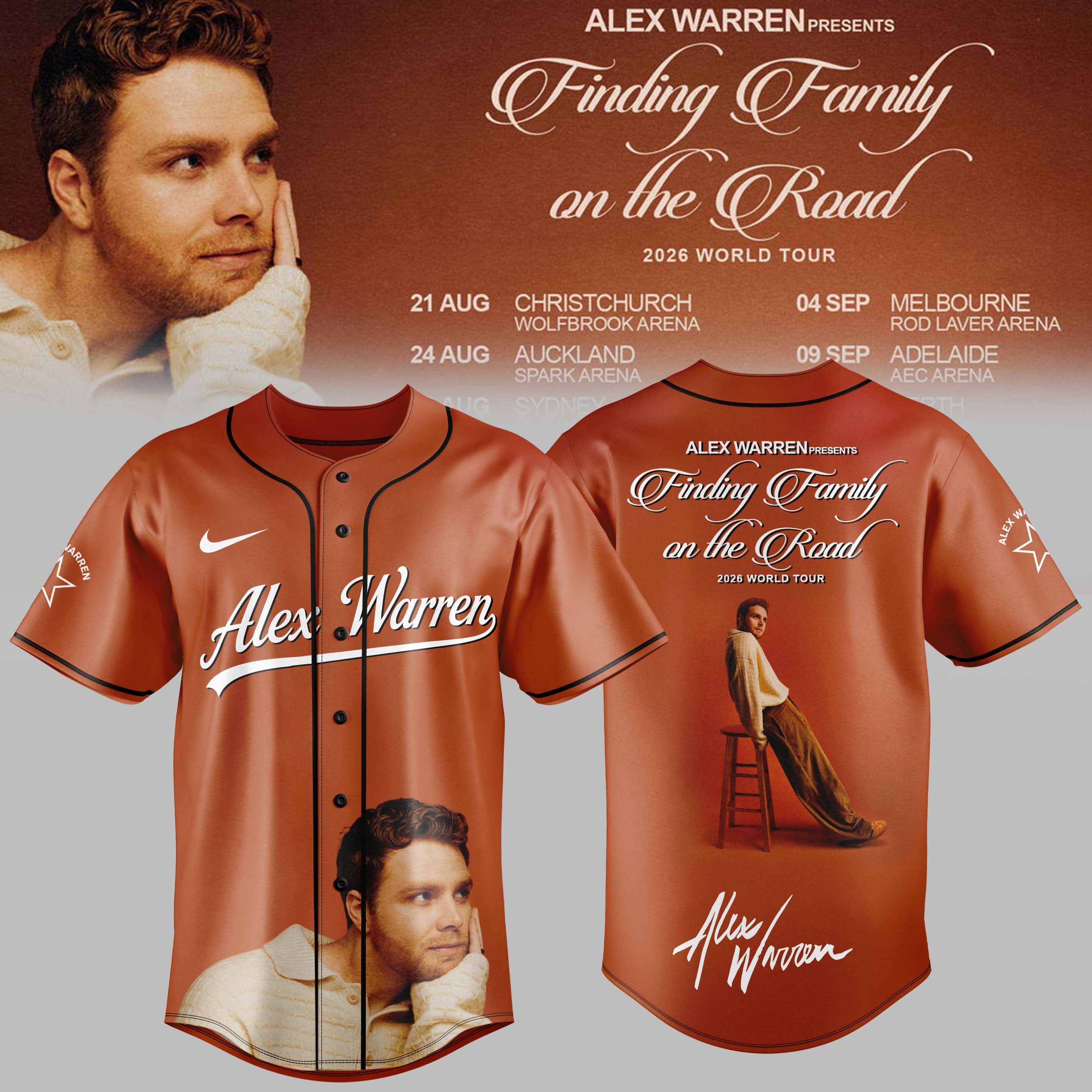 Alex Warren Finding Family On The Road AUS NZ Tour 2026 Baseball Jersey Gifts For Fans