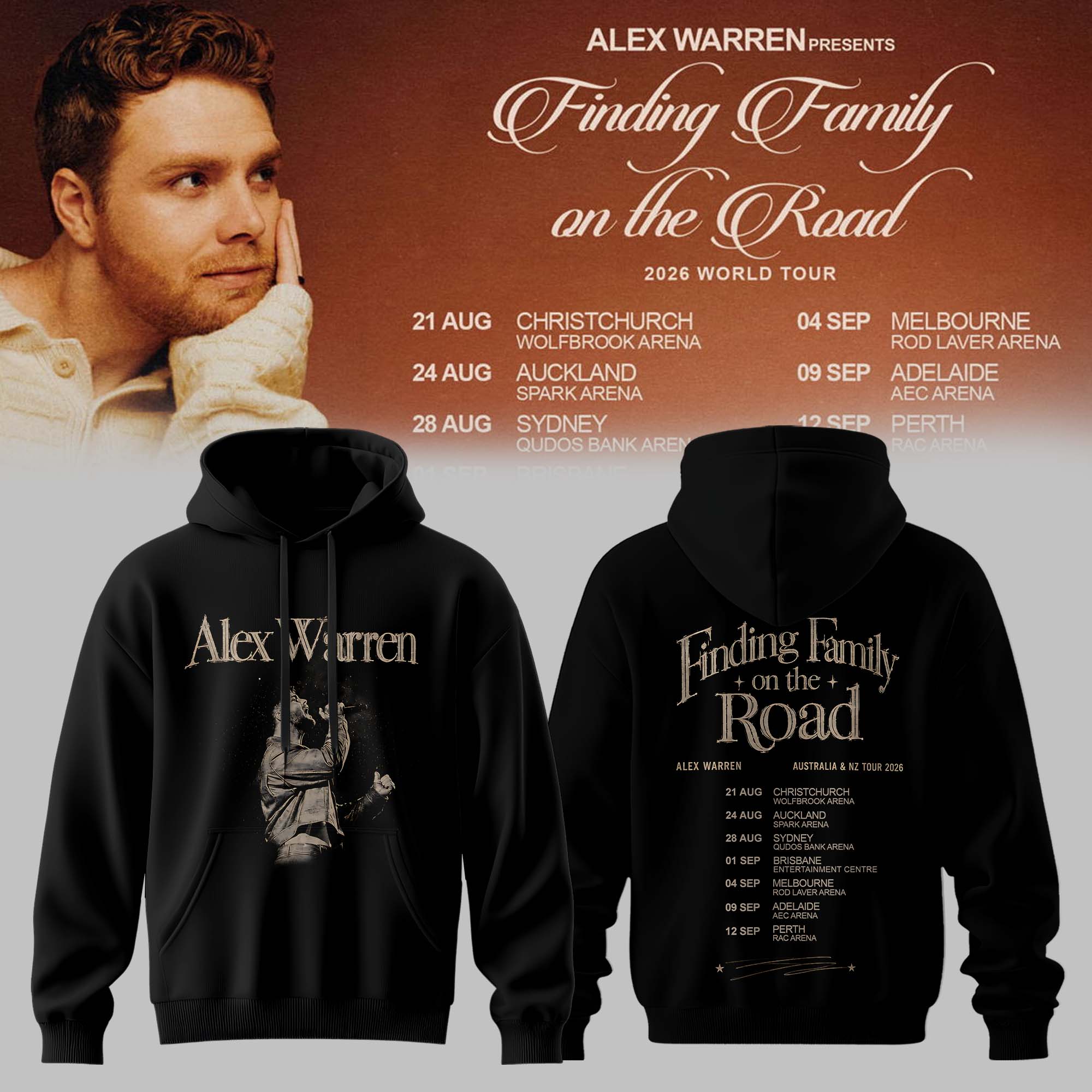 Alex Warren Finding Family On The Road AUS NZ Tour 2026 Collector Hoodie Gifts For Fans