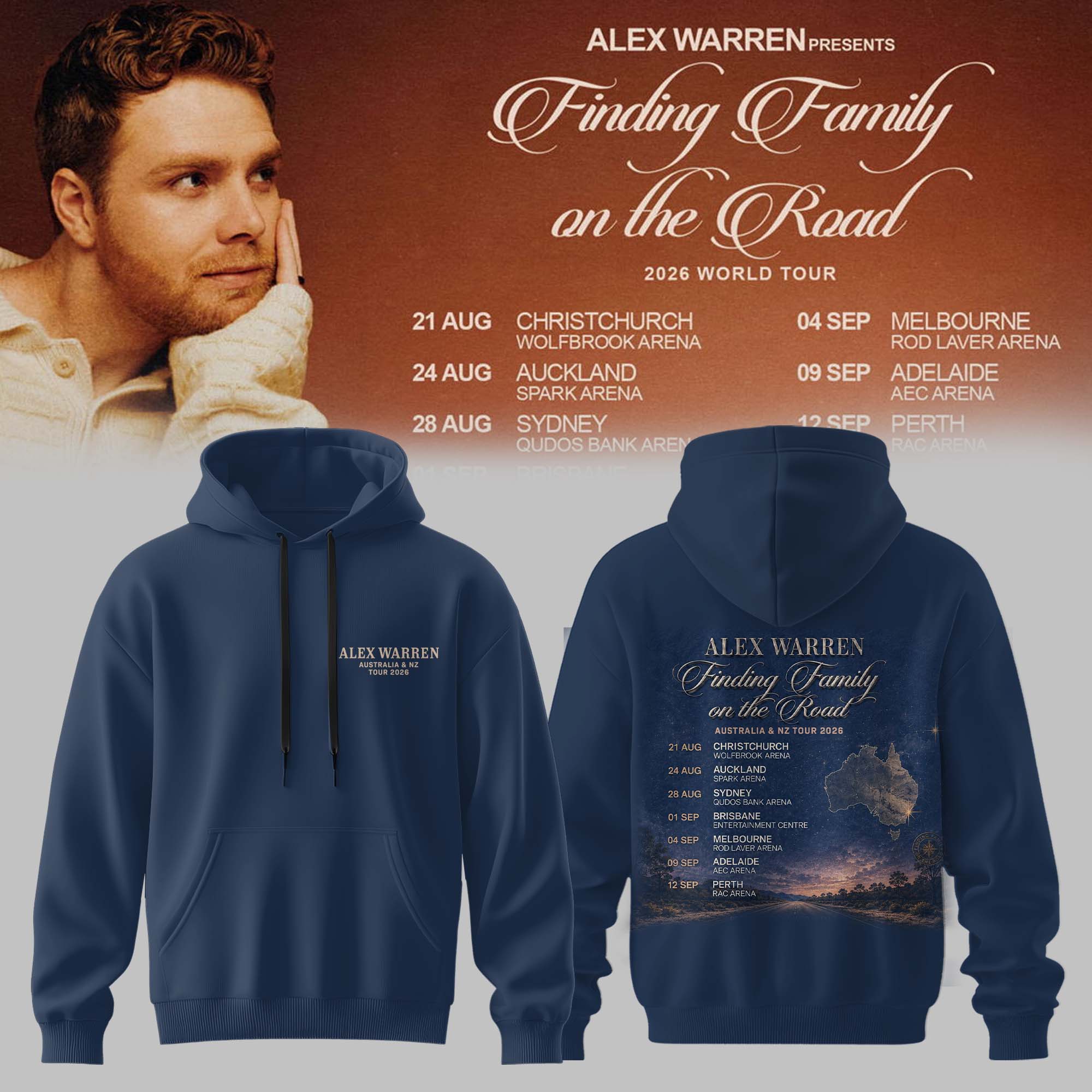 Alex Warren Finding Family On The Road AUS NZ Tour 2026 Limited Hoodie Gifts For Fans