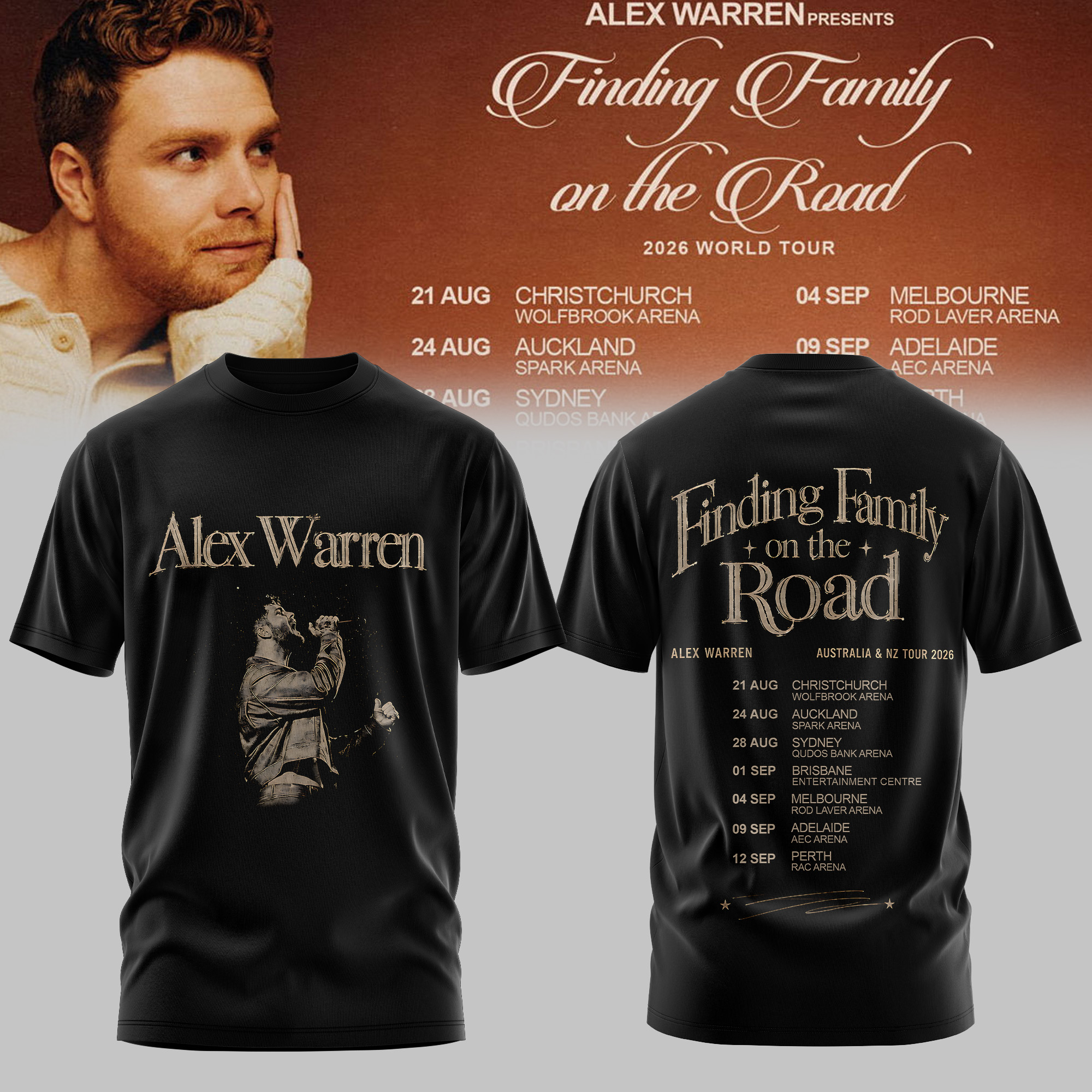 Alex Warren Finding Family On The Road AUS NZ Tour 2026 Official Tee Gifts For Fans