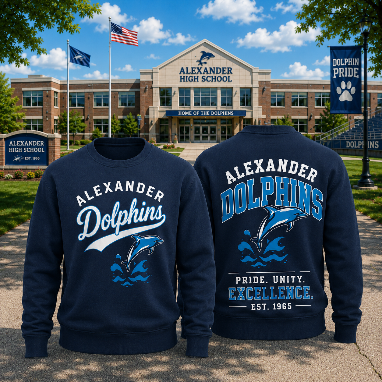 Alexander Dolphins School Spirit Crewneck Sweatshirt Alumni Pride Pullover Unisex School Fan Gift