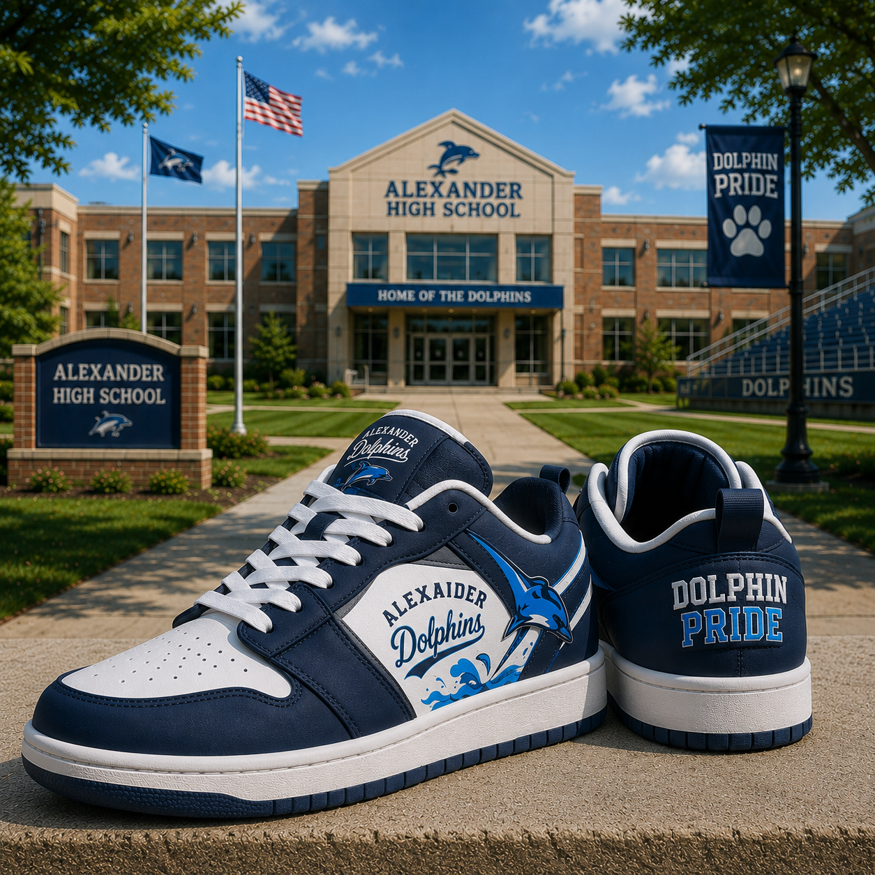 Alexander High School Dolphins Custom Low Top Sneakers School Spirit Casual Shoes Student Teacher Alumni Gift