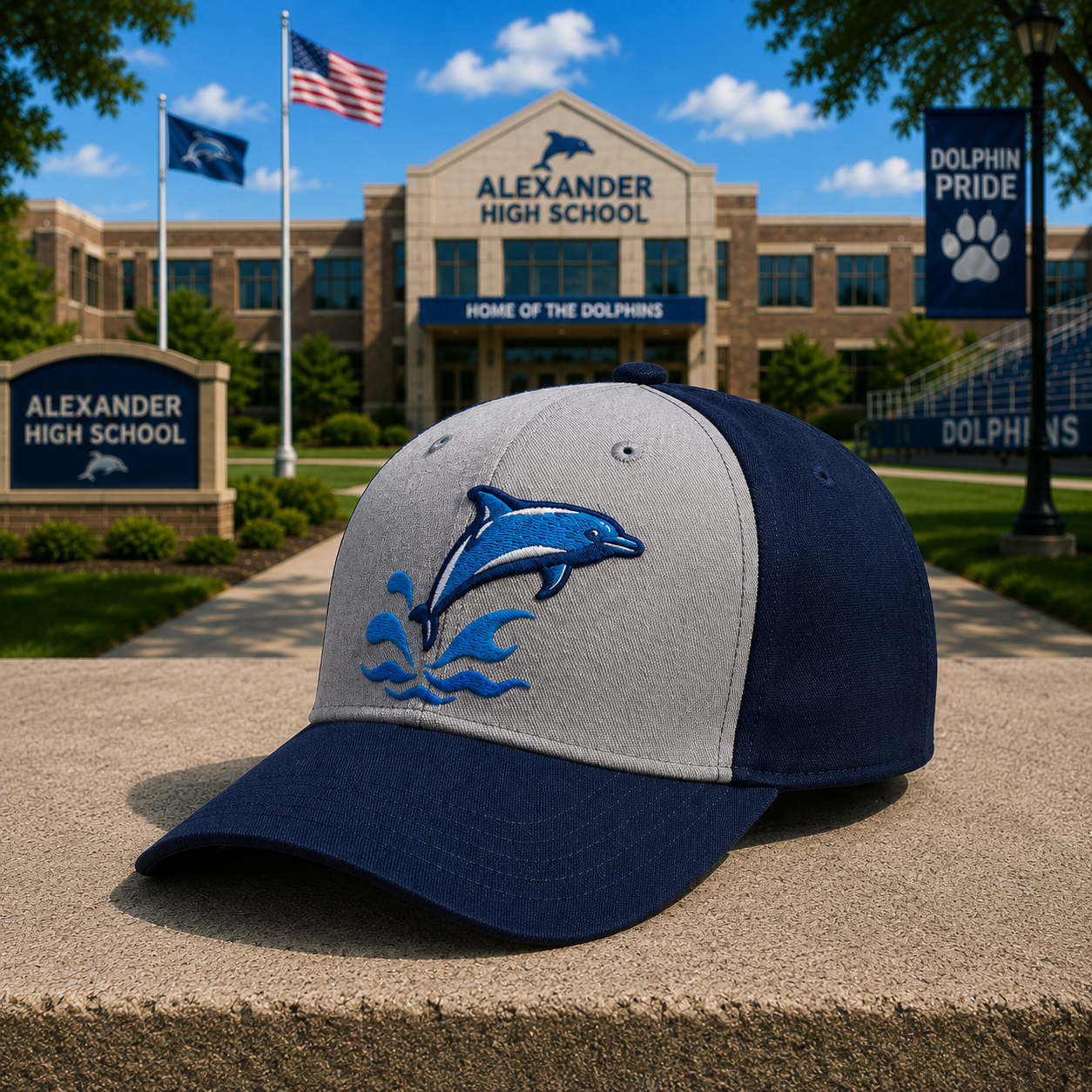 Alexander High School Dolphins Embroidered Baseball Cap School Spirit Adjustable Hat Student Teacher Alumni Gift