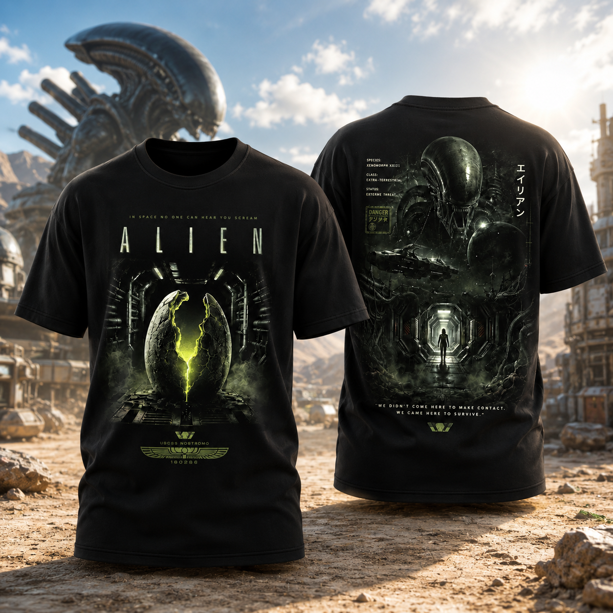 Alien Xenomorph Movie Graphic T Shirt Vintage Sci Fi Horror 2 Sided Unisex Tee Space Thriller Fan Gift