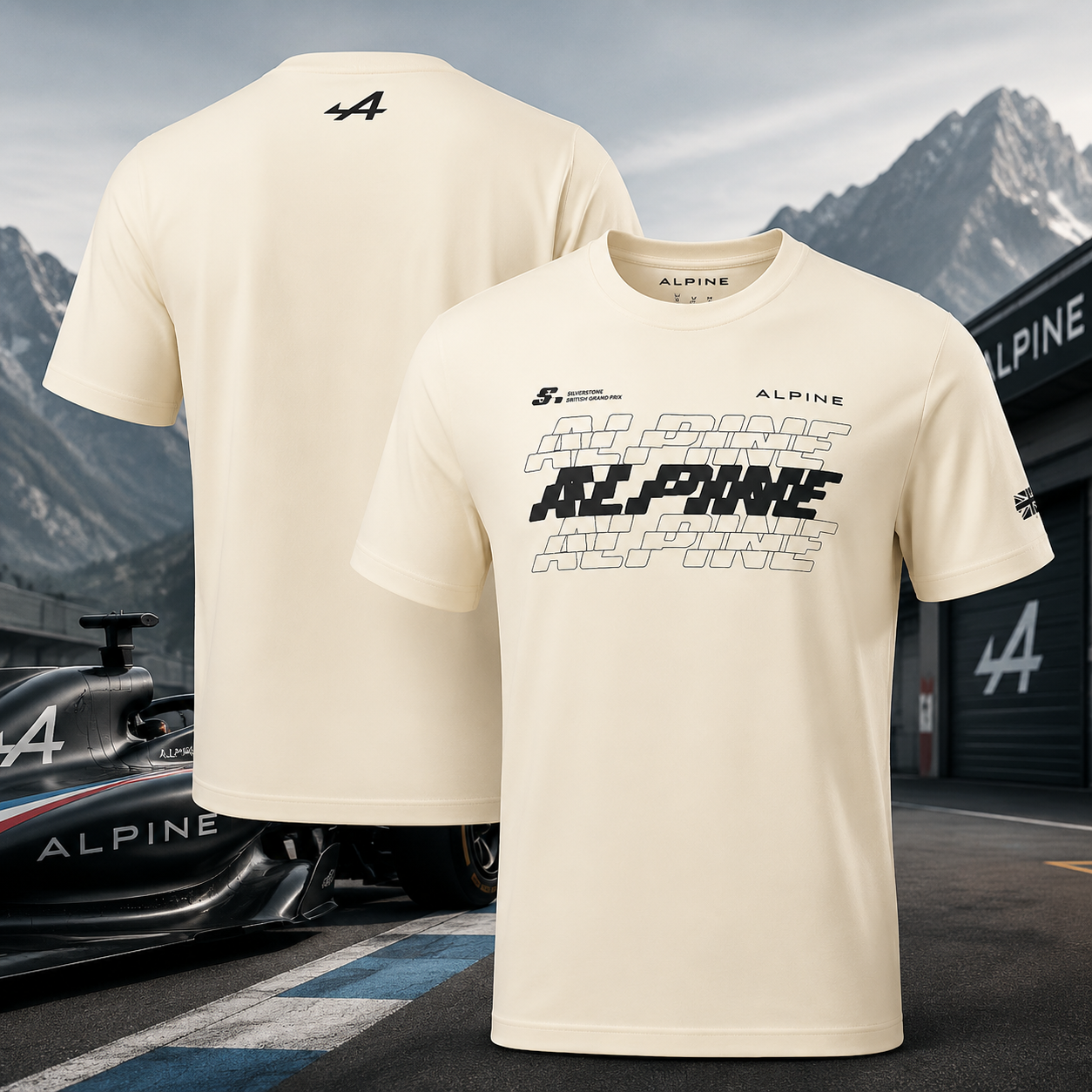 Alpine F1 Team Silverstone British Grand Prix Graphic Beige T Shirt Racing Fan Gift