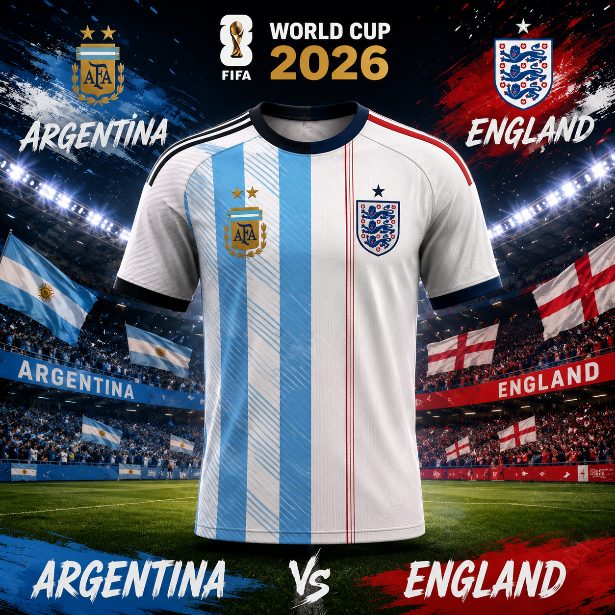 Argentina vs England FIFA World Cup 2026 Split National Team Jersey - Football Fan Limited Edition T-Shirt