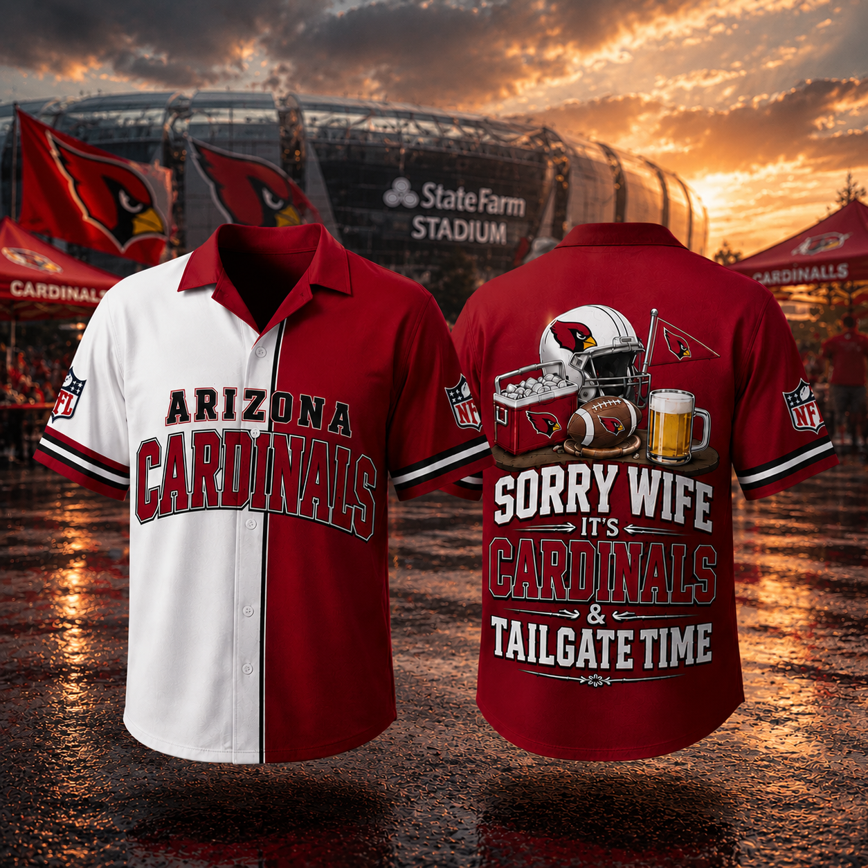 Arizona Cardinals Sorry Wife It's Cardinals & Tailgate Time Baseball Jersey NFL Fan Gift Half White Half Red Button Up Shirt