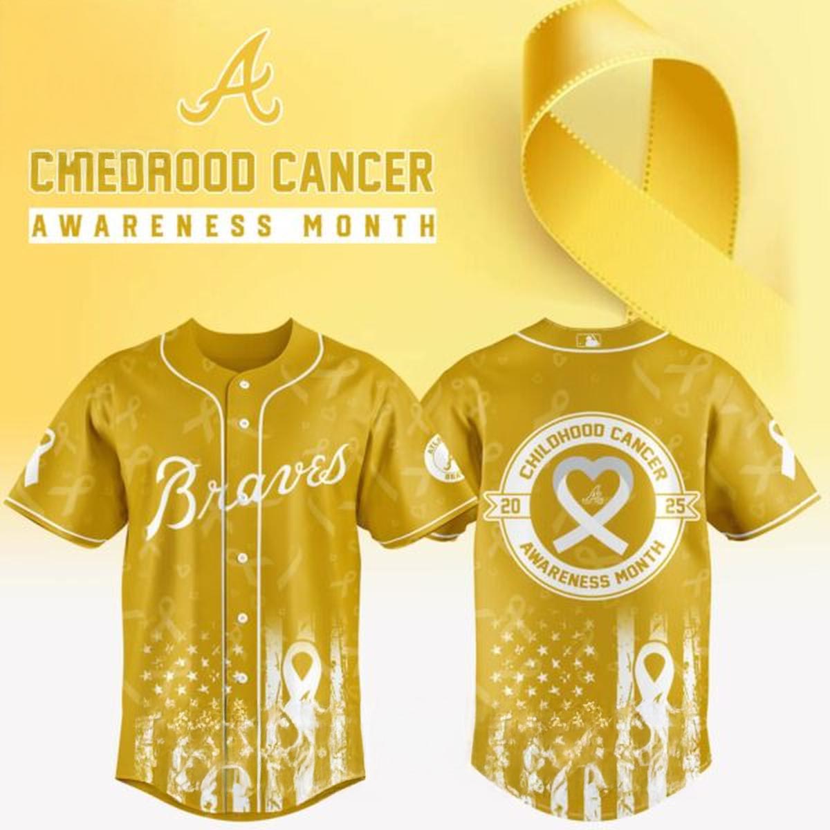 Atlanta Braves Childhood Cancer Awareness Month 2025 Jersey Yellow Baseball Fan Apparel 1 - Unicasport Atlanta Braves Childhood Cancer Awareness Month 2025 Jersey Yellow Baseball Fan Apparel