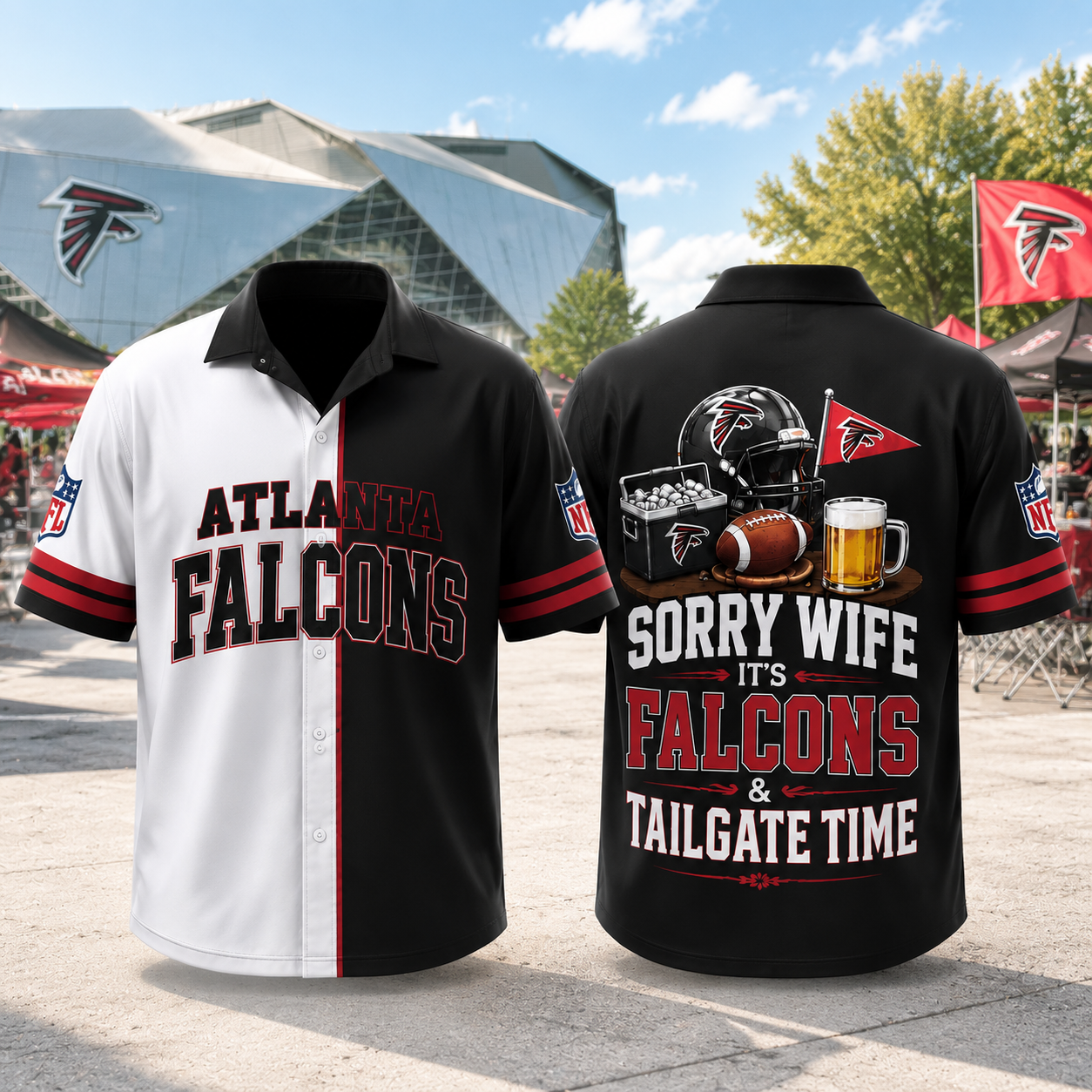 Atlanta Falcons Sorry Wife It's Falcons & Tailgate Time Baseball Jersey NFL Fan Gift Half White Half Black Button Up Shirt