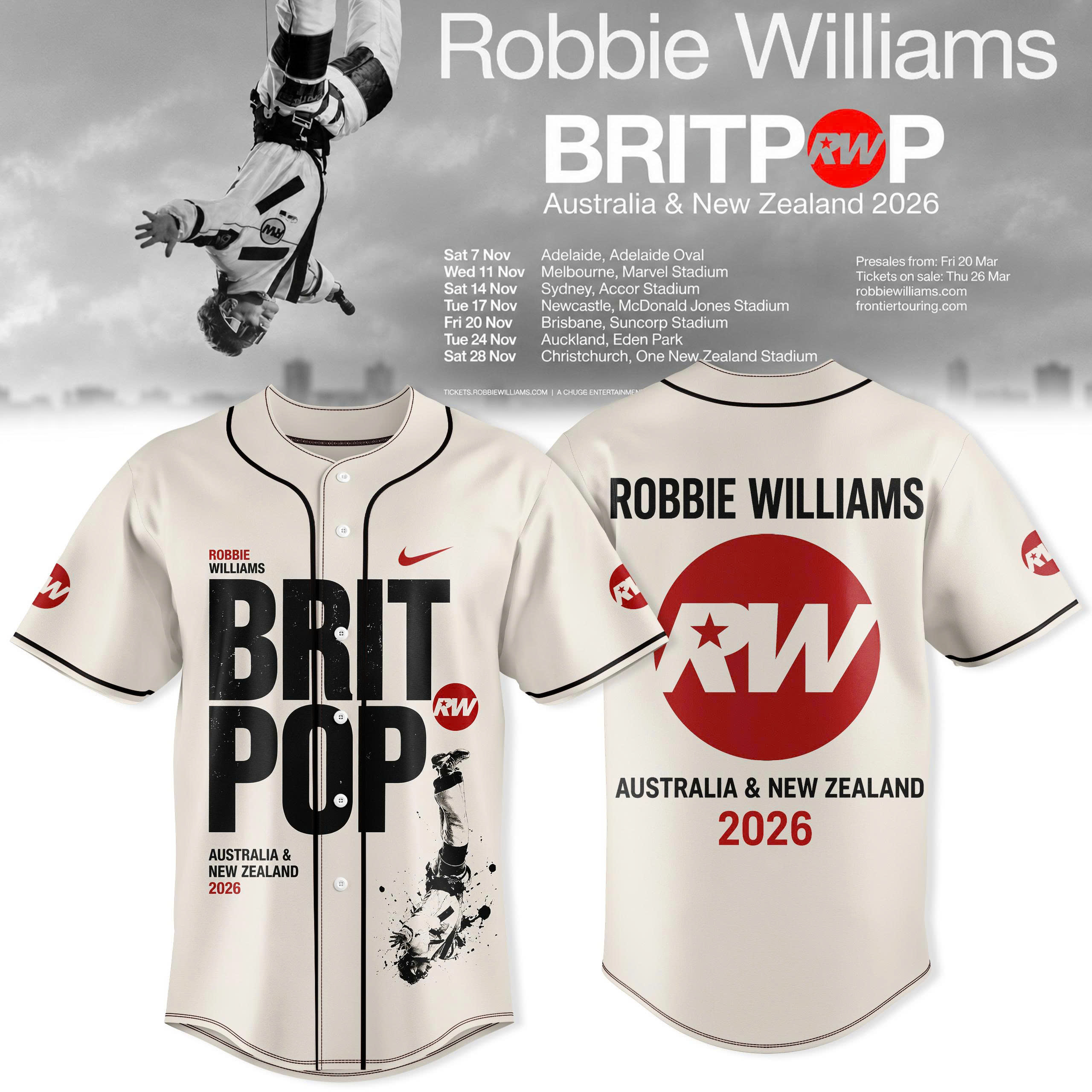 BRITPOP AUNZ Tour 2026 Premium Fan Baseball Jersey