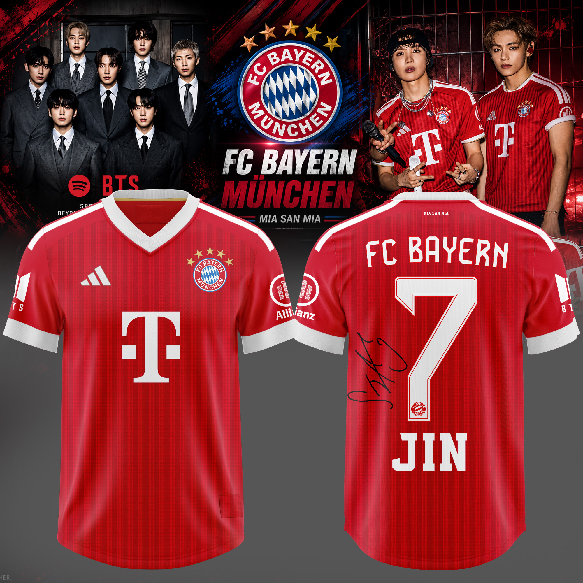 BTS ARIRANG World Tour x Bayern Munich Jin Signature Soccer Jersey Fan Merchandise