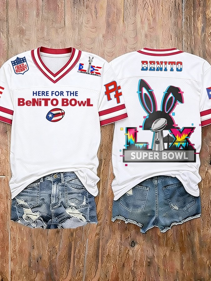 Bad Bunny Super Bowl 2026 Here For The Benito Bowl V Neck Shirt Best Gift For Music Fans Merhc 2026