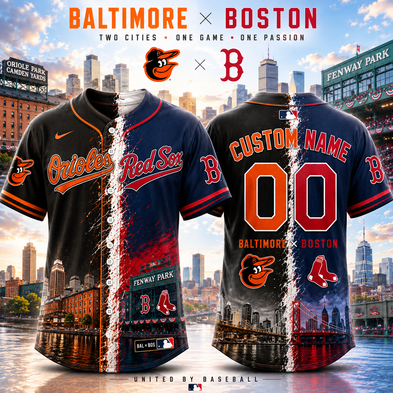Baltimore Orioles x Boston Red Sox Custom Name Number Baseball Jersey For Fans