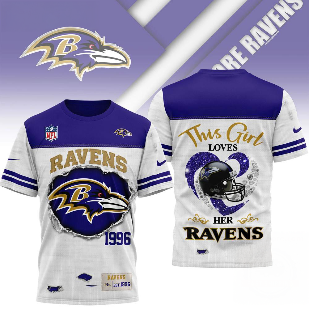 Baltimore Ravens NFL Girl Heart Helmet 3D Graphic T Shirt Football Fan Apparel