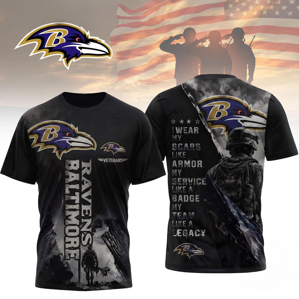 Baltimore Ravens NFL Veterans Legacy Team 3D Design T Shirt Military Supporter Edition