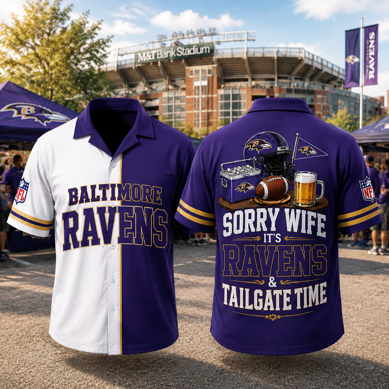 Baltimore Ravens Sorry Wife It's Ravens & Tailgate Time Baseball Jersey NFL Fan Gift Half White Half Purple Button Up Shirt
