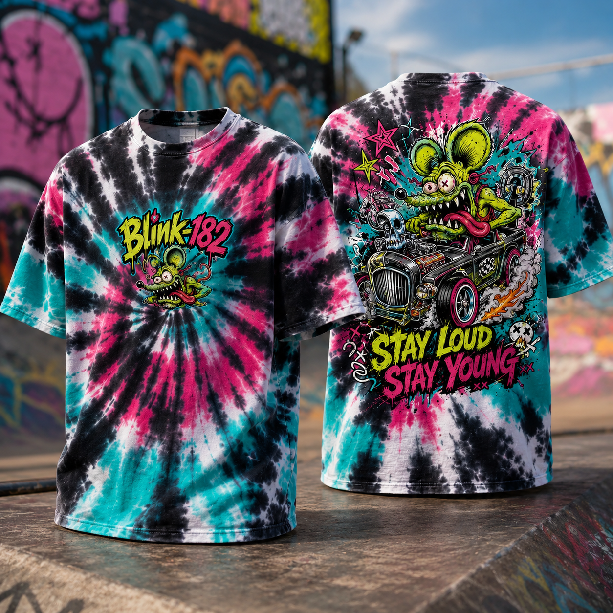 Blink 182 Stay Loud Stay Young Tie Dye T Shirt Vintage Punk Rock Band Graphic 2 Sided Unisex Tee Gift For Fans