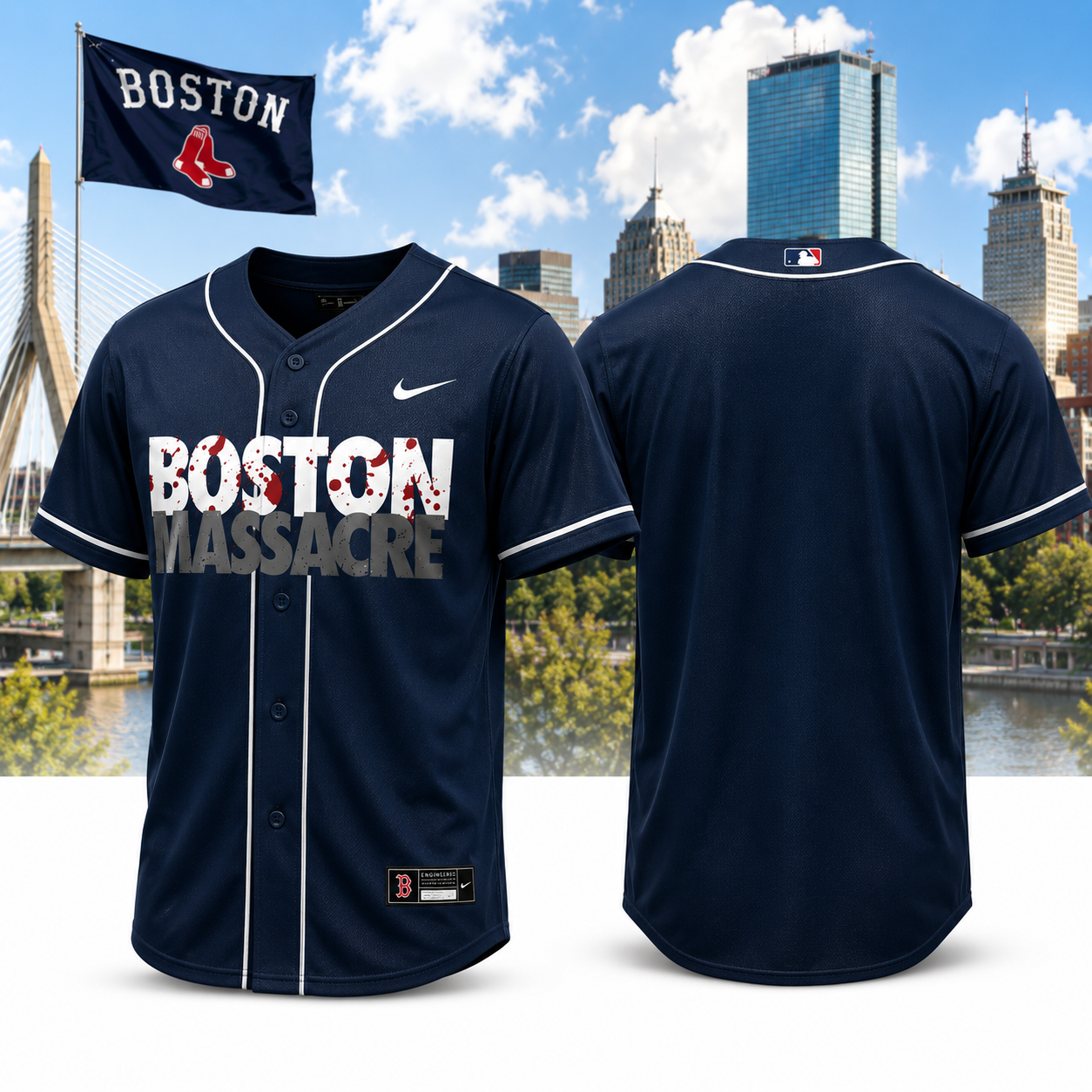 Boston Massacre Baseball Fan Jersey Button Up Front And Back Graphic Navy Game Day Shirt