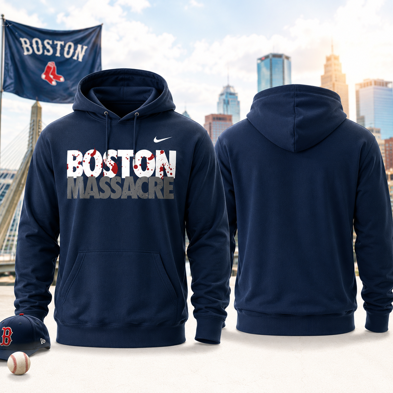 Boston Massacre Funny Baseball Fan Hoodie Front And Back Graphic Navy Sports Pullover Sweatshirt