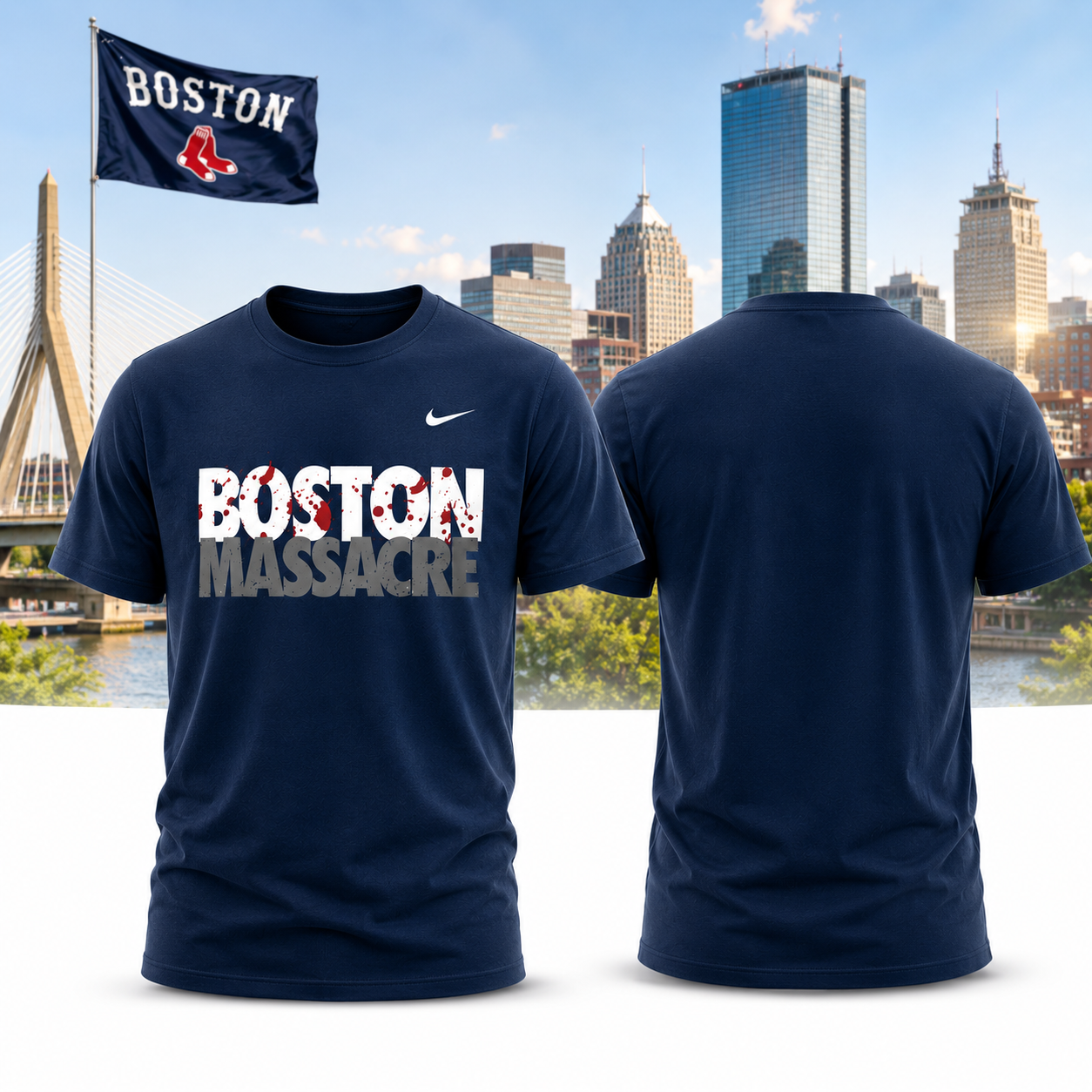 Boston Massacre Funny Baseball Fan T Shirt Front And Back Graphic Navy Sports Tee Gift
