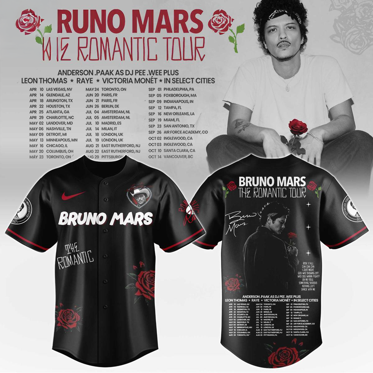 Bruno Mars The Romantic Tour 2026 Black Baseball Jersey