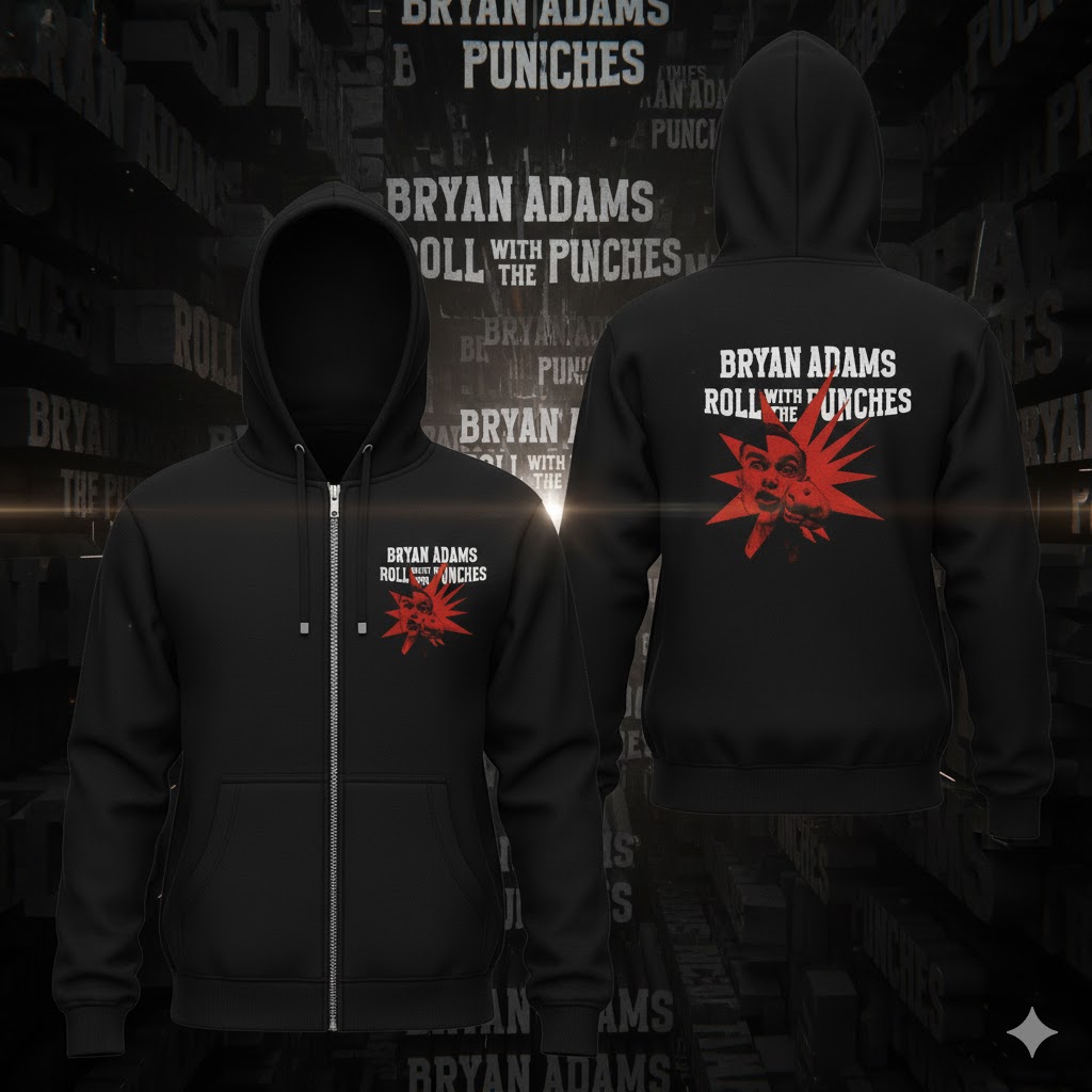 Bryan Adams Roll With The Punches Womens Extended Shoulder Black Zip Hoodie, RWTP Album Merch