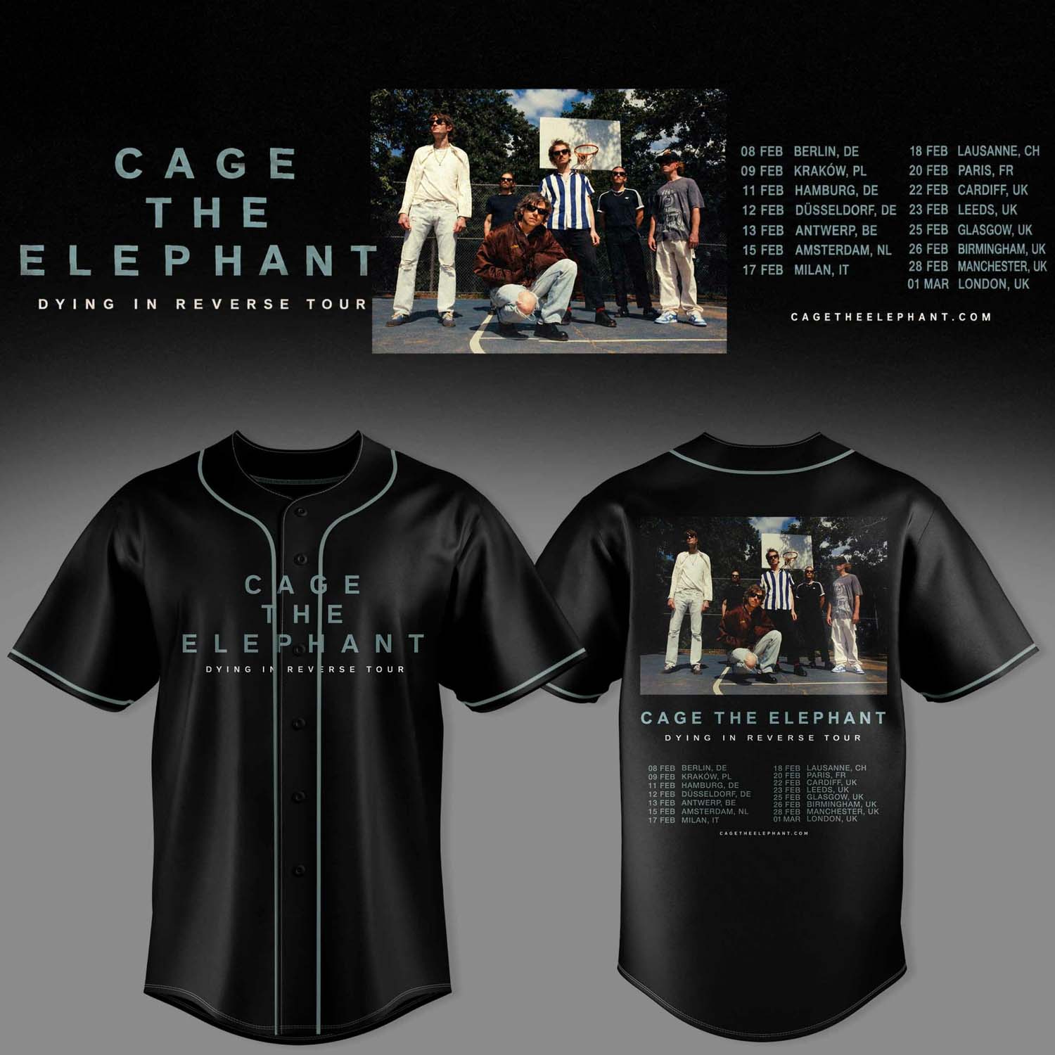 Cage The Elephant Dying In Reverse Tour 2027 Black Baseball Jersey Alternative Rock Band Portrait 1 - Unicasport Cage The Elephant Dying In Reverse Tour 2027 Black Baseball Jersey Alternative Rock Band Portrait