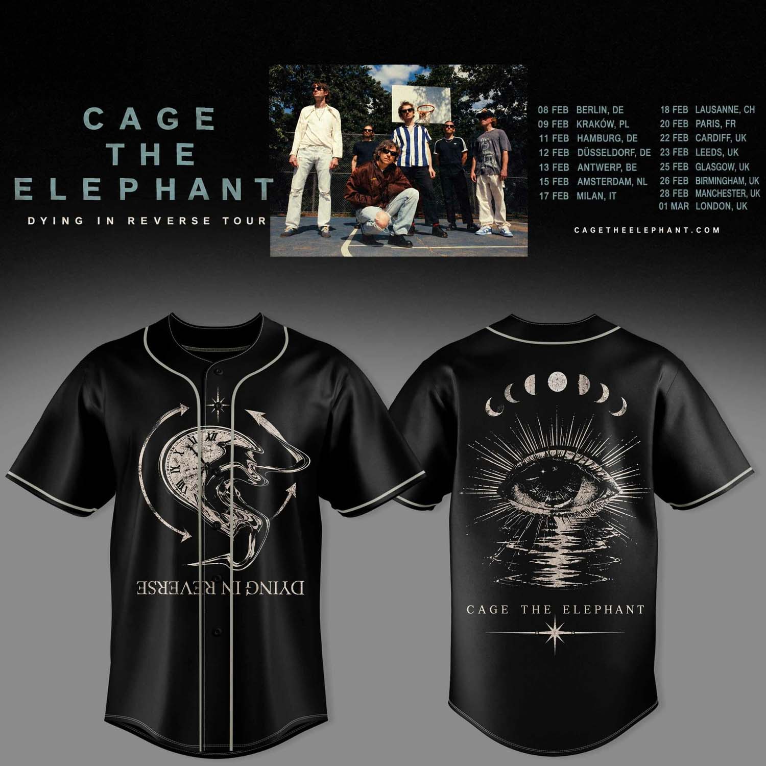 Cage The Elephant Dying In Reverse Tour 2027 Black Baseball Jersey Clock Eye Graphic
