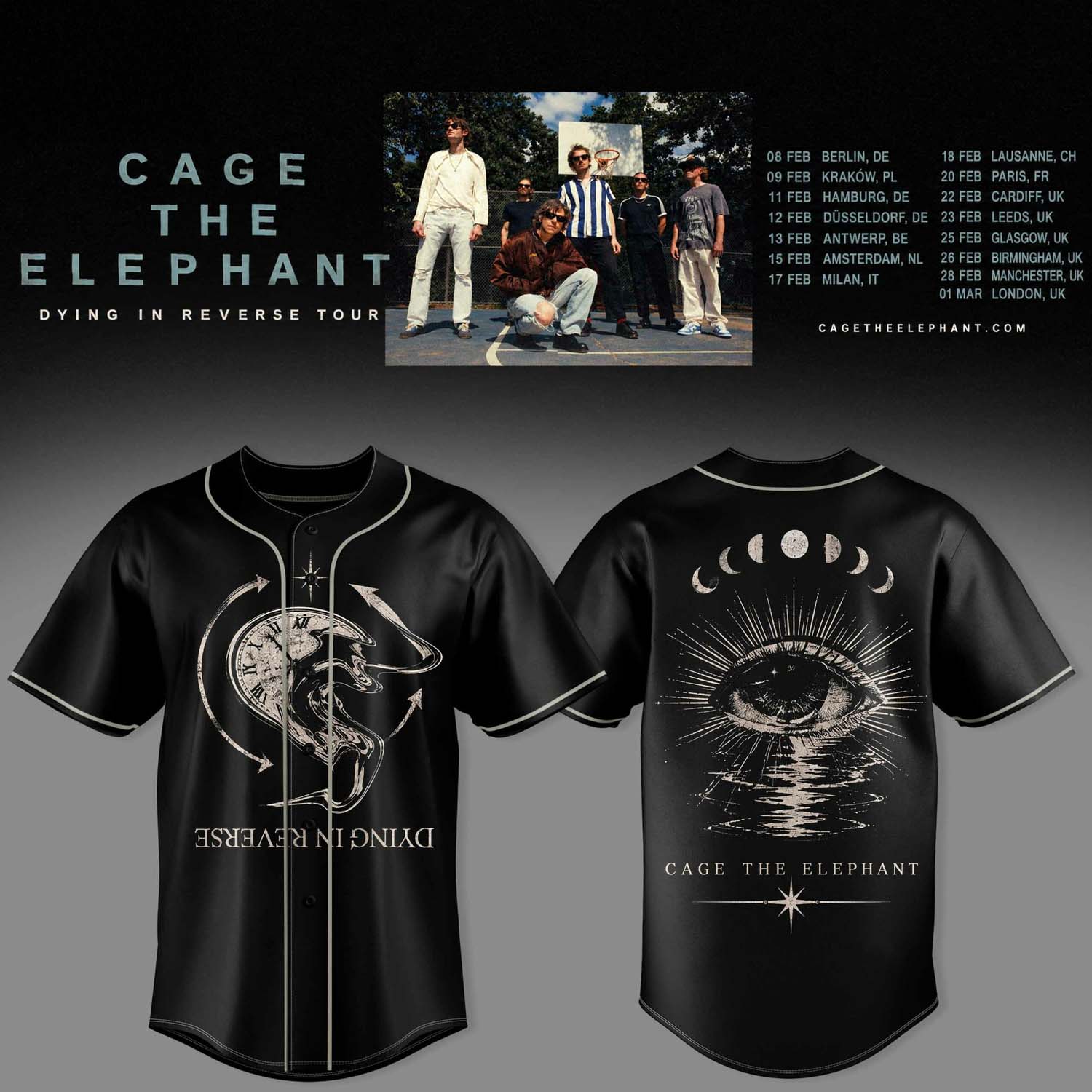 Cage The Elephant Dying In Reverse Tour 2027 Black Baseball Jersey Distressed Floral Tour Art