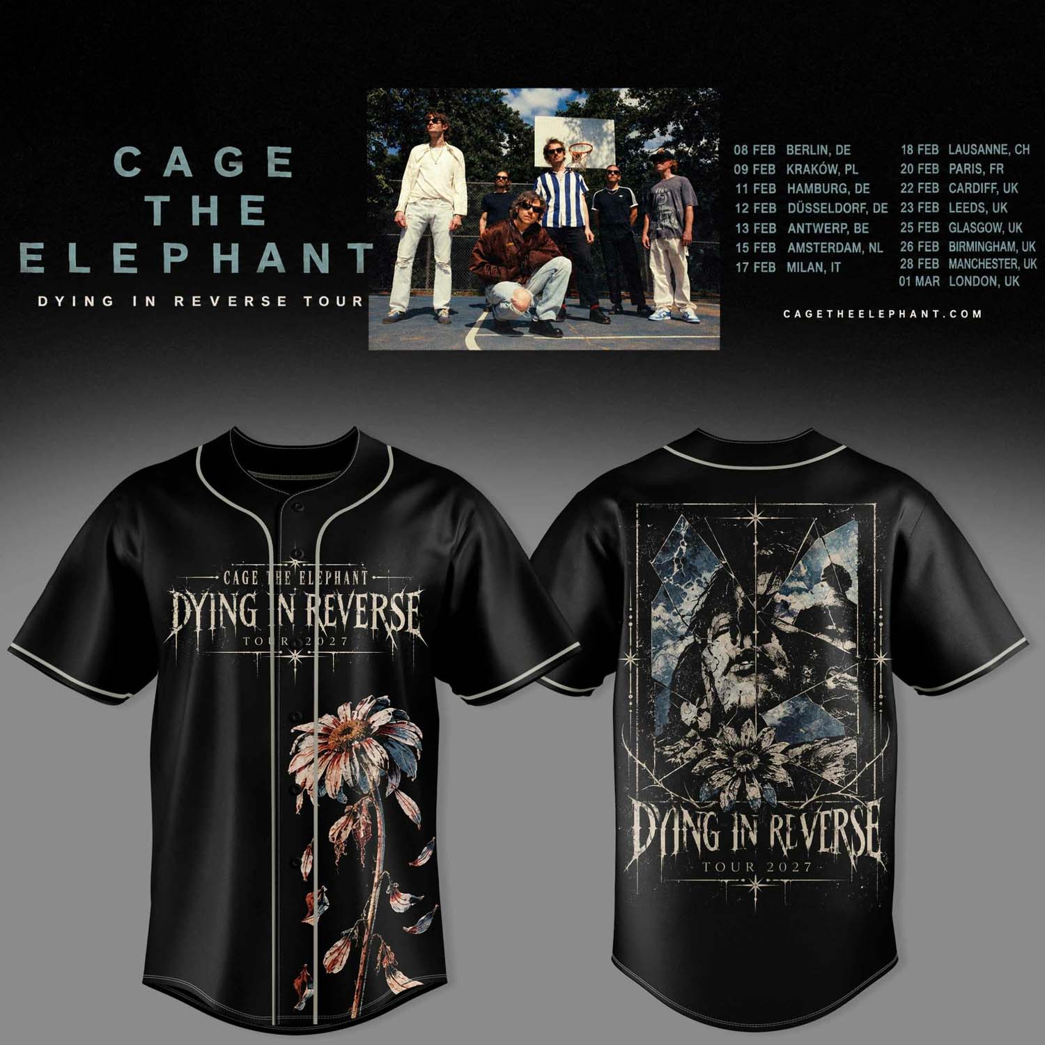 Cage The Elephant Dying In Reverse Tour 2027 Black Baseball Jersey Faded Flower Artwork 1 - Unicasport Cage The Elephant Dying In Reverse Tour 2027 Black Baseball Jersey Faded Flower Artwork