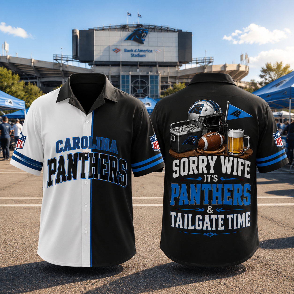 Carolina Panthers Sorry Wife It's Panthers & Tailgate Time Baseball Jersey NFL Fan Gift Half White Half Black Button Up Shirt