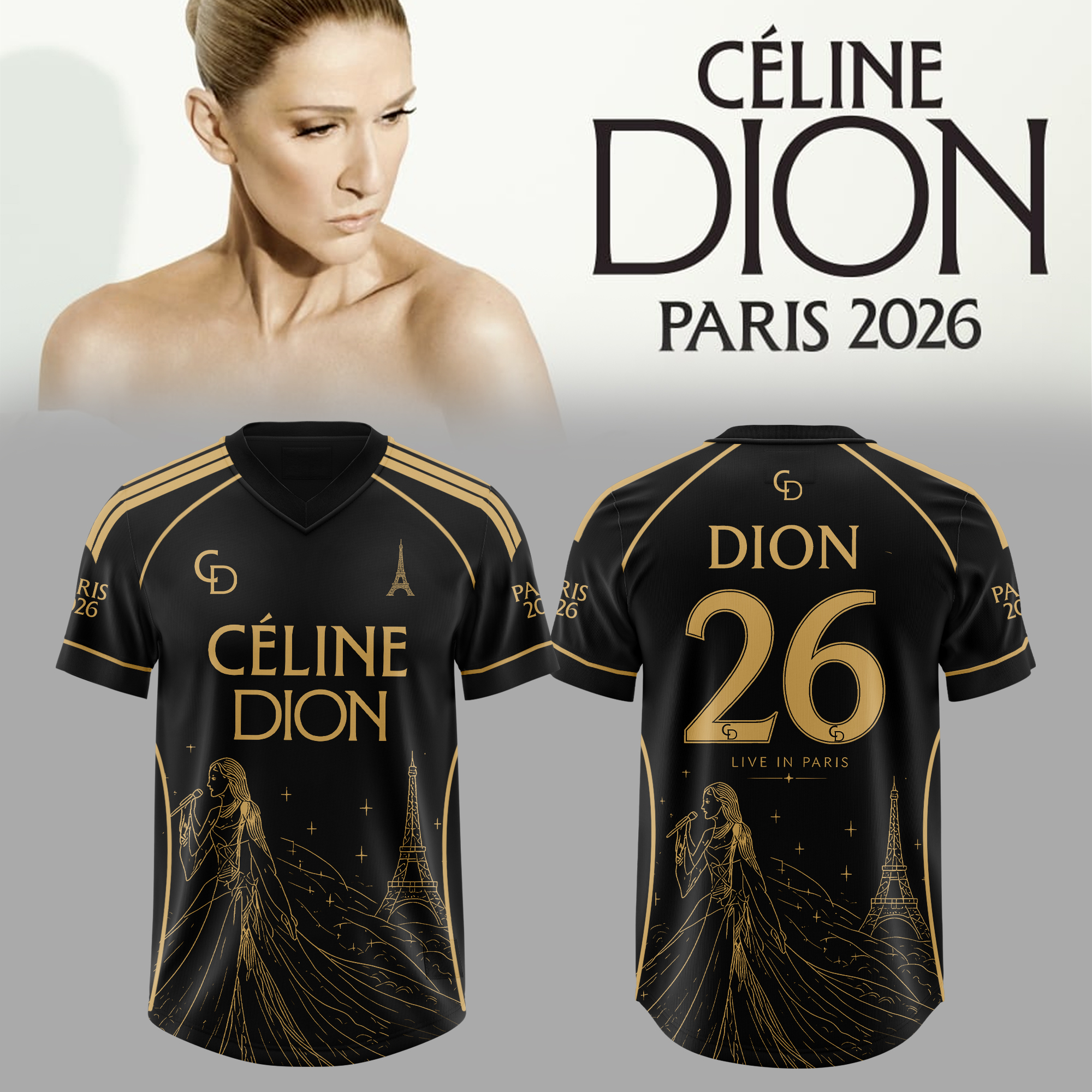 Celine Dion Live In Paris 2026 Midnight Elegance Football Jersey Concert Fan Wear