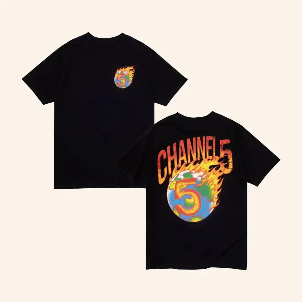 Channel 5 Merch On Fire Black TShirt Gifts For Dudes