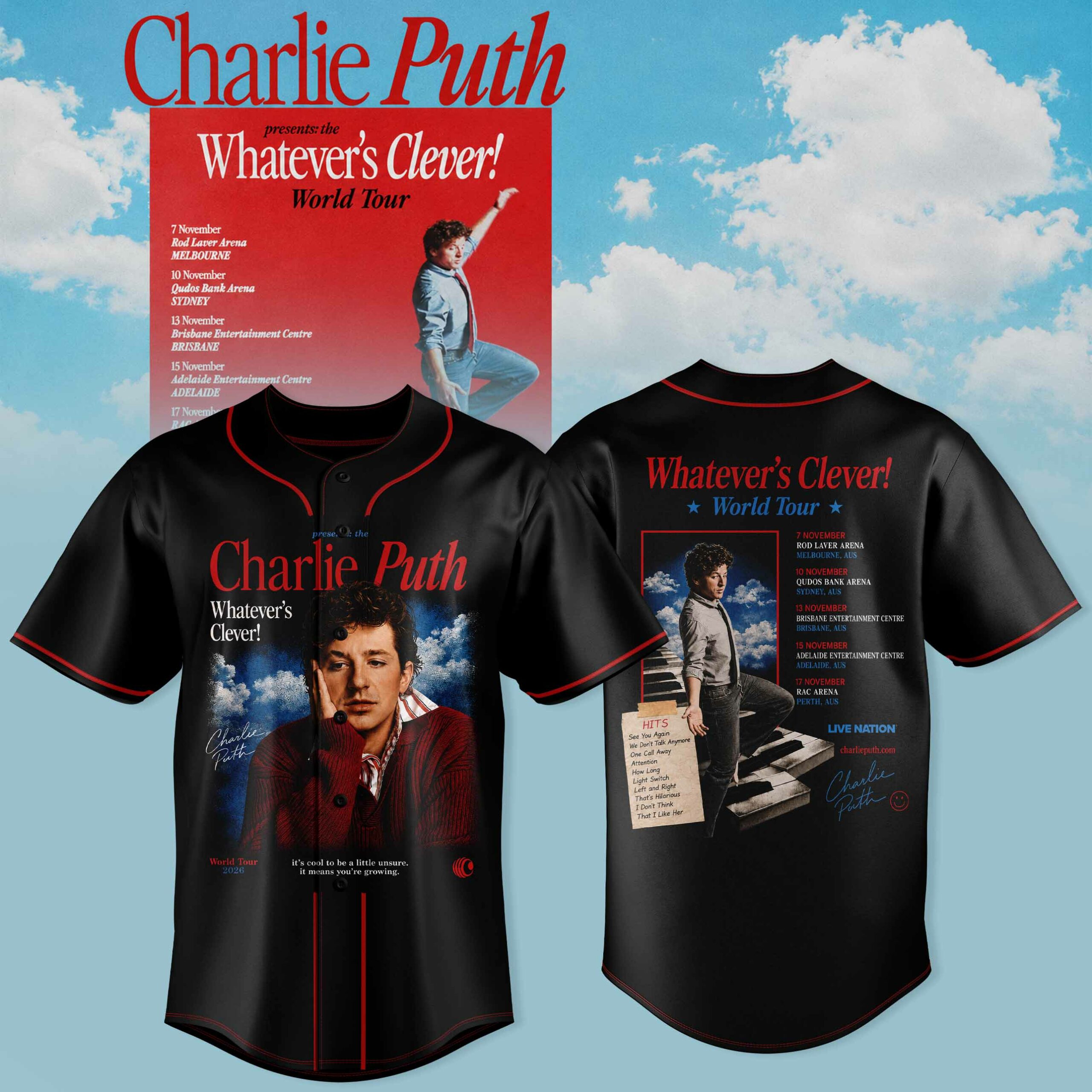 Charlie Puth Whatevers Clever World Tour Collection Exclusive Fan Jersey