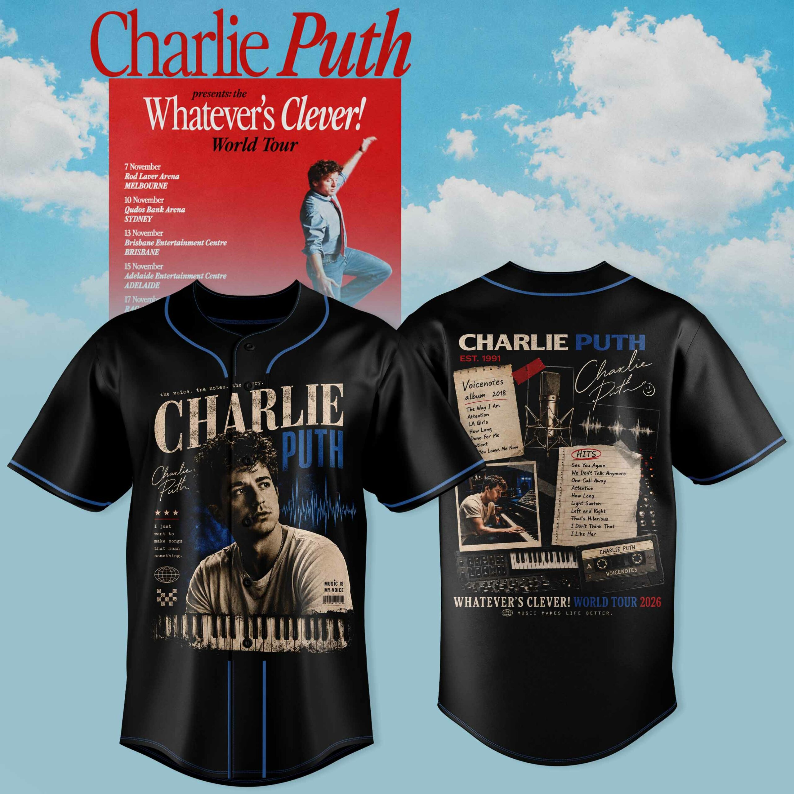 Charlie Puth Whatevers Clever World Tour Collection Limited Edition Baseball Jersey