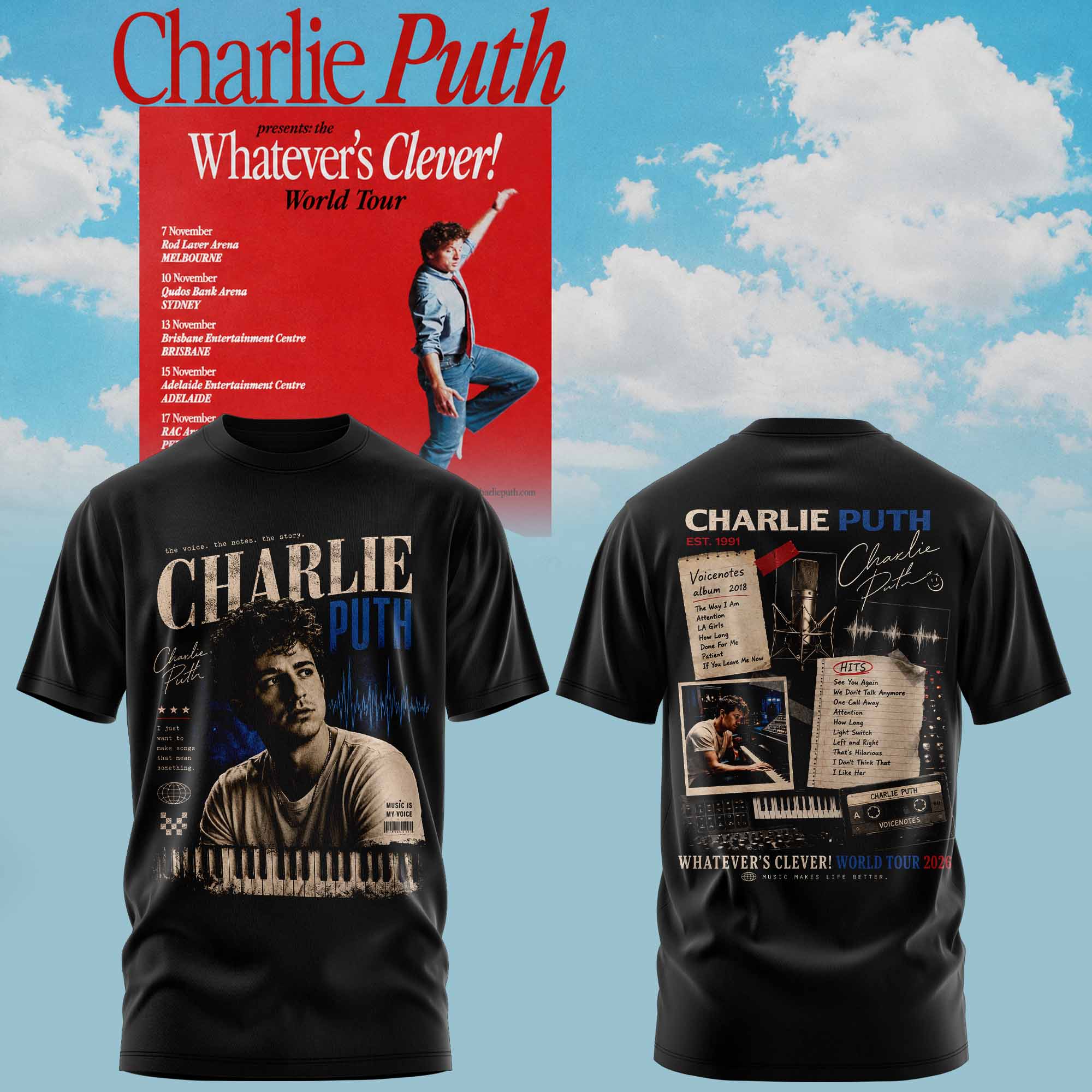 Charlie Puth Whatevers Clever World Tour Collection Limited Edition Graphic T Shirt