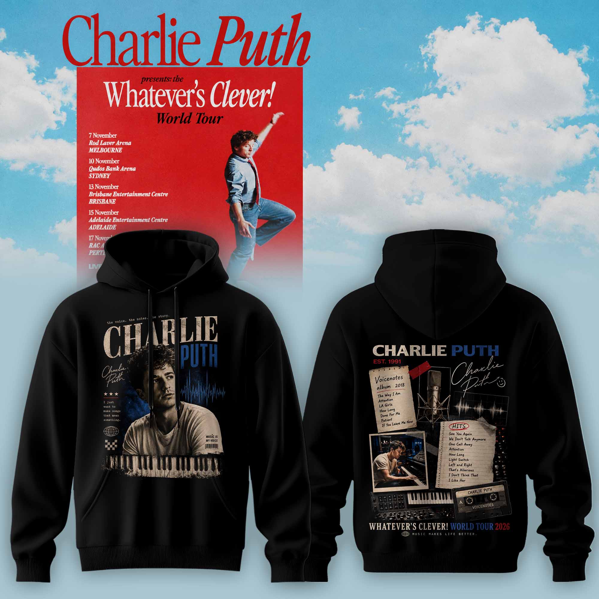 Charlie Puth Whatevers Clever World Tour Collection Limited Edition Hoodie
