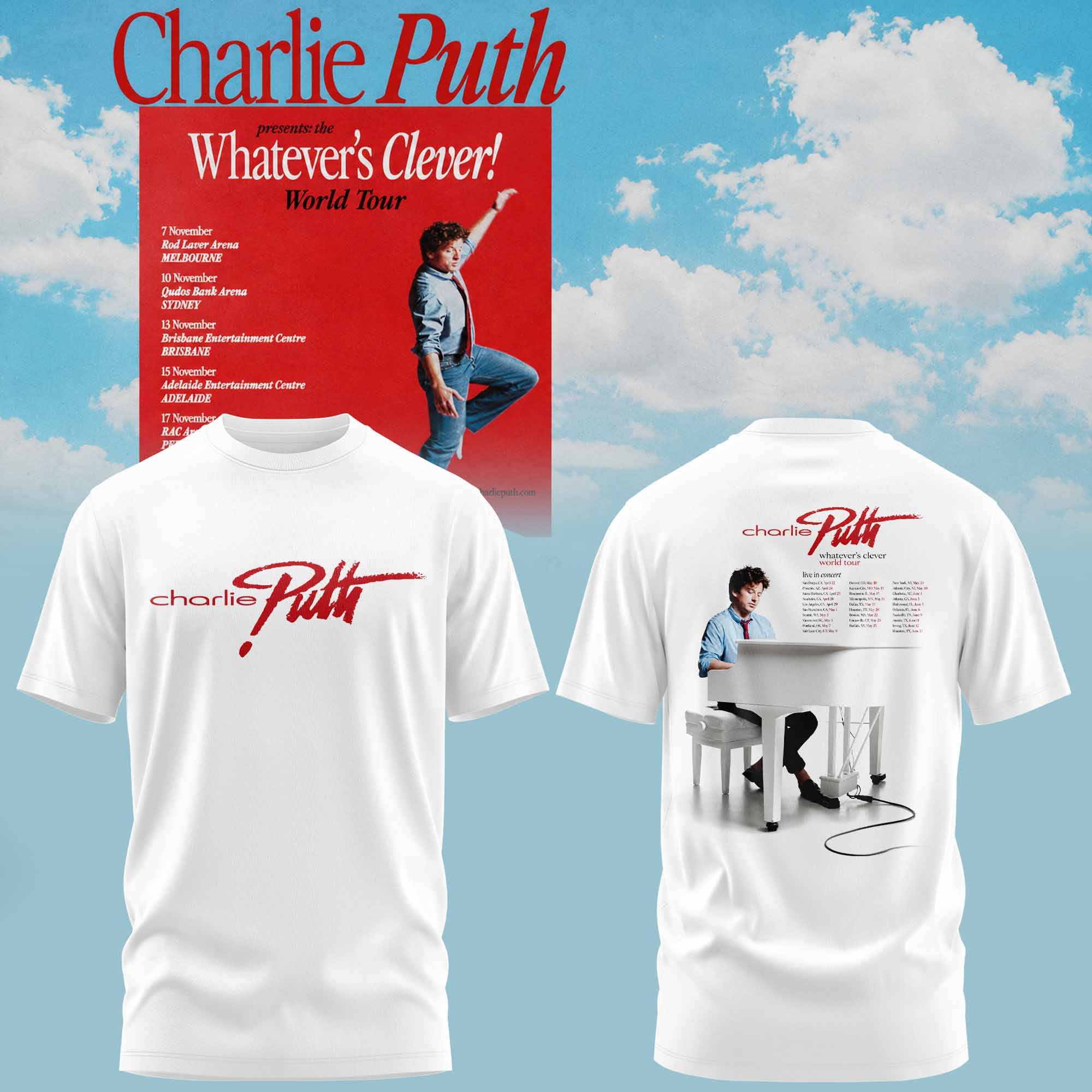 Charlie Puth Whatevers Clever World Tour Collection Premium Concert Graphic Tee