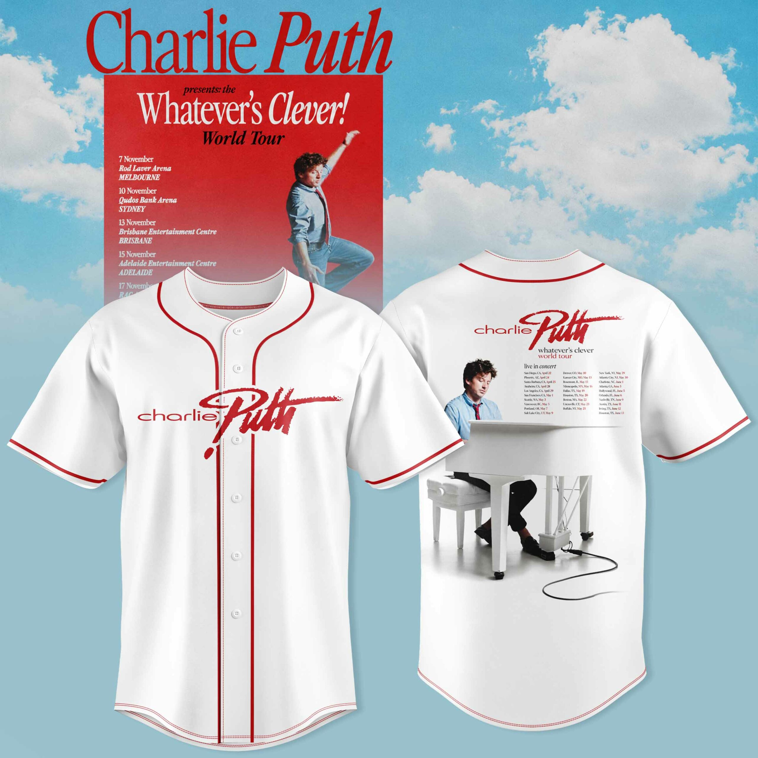 Charlie Puth Whatevers Clever World Tour Collection Premium Signature Baseball Jersey