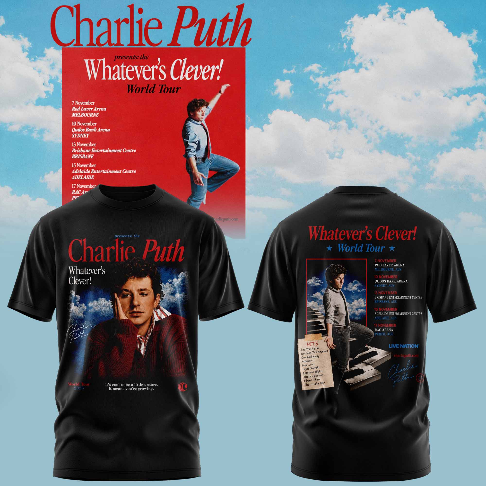 Charlie Puth Whatevers Clever World Tour Collection Signature Fan Graphic Tee
