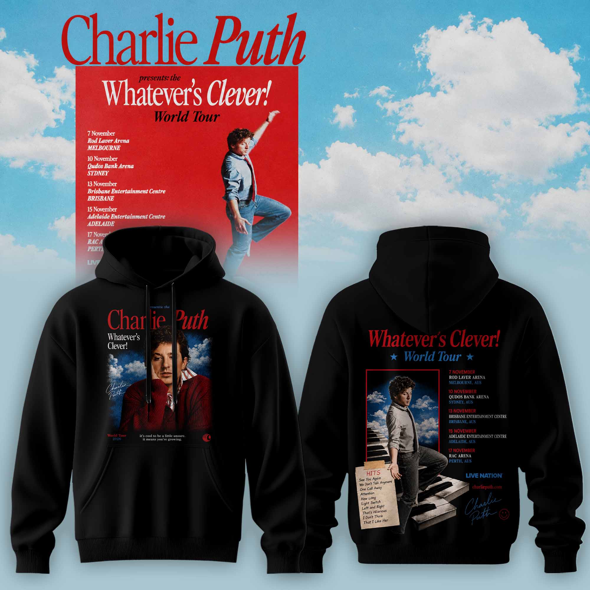 Charlie Puth Whatevers Clever World Tour Collection Signature Fan Hoodie