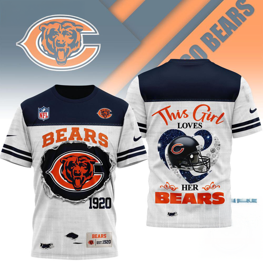 Chicago Bears NFL Girl Heart Helmet 3D Graphic T Shirt Supporter Apparel