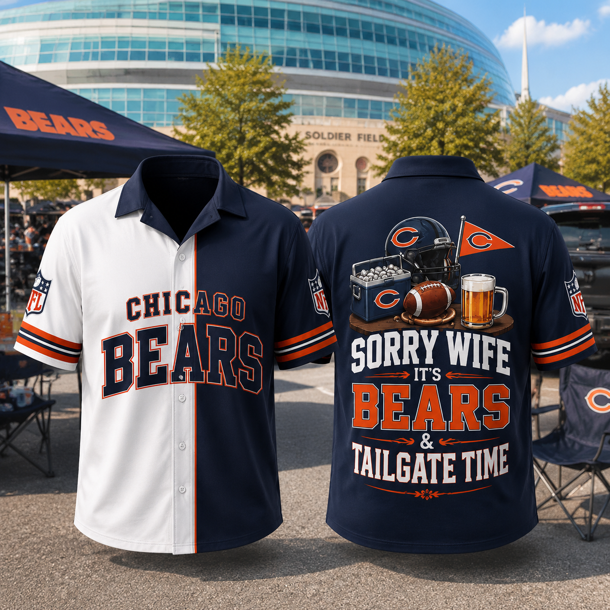 Chicago Bears Sorry Wife It's Bears & Tailgate Time Baseball Jersey NFL Fan Gift Half White Half Navy Button Up Shirt